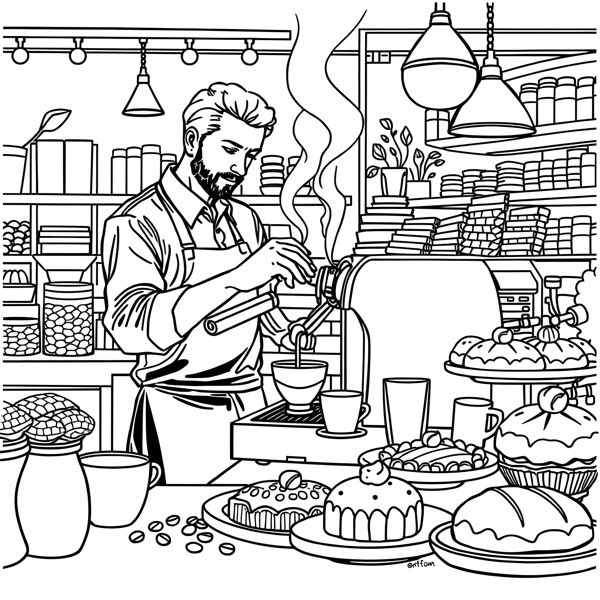 Guy working in a bakery surrounded by baked goods Coloring Page (free black-and-white line drawing printable PDF for all, from beginners to advanced learners, including children, teens, adults, and seniors)
