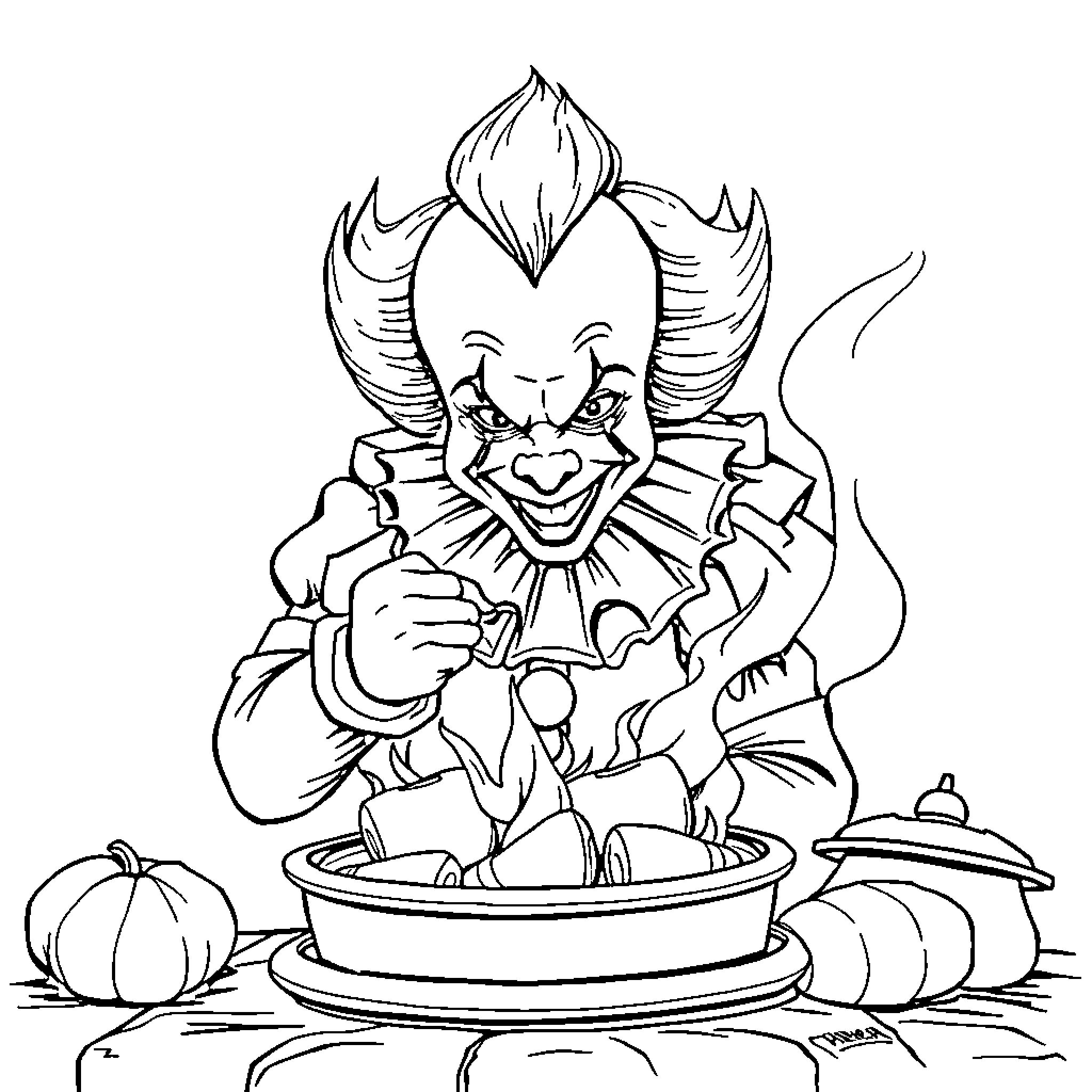 Pennywise the Clown's Haunting Presence Coloring Page (free black-and-white line drawing printable PDF for all, from beginners to advanced learners, including children, teens, adults, and seniors)