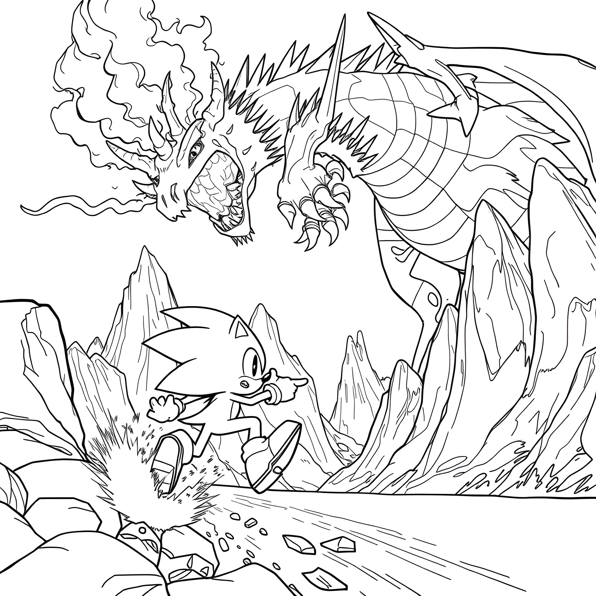 Sonic Facing Off Against a Fierce Dragon Coloring Page (free black-and-white line drawing printable PDF for all, from beginners to advanced learners, including children, teens, adults, and seniors)