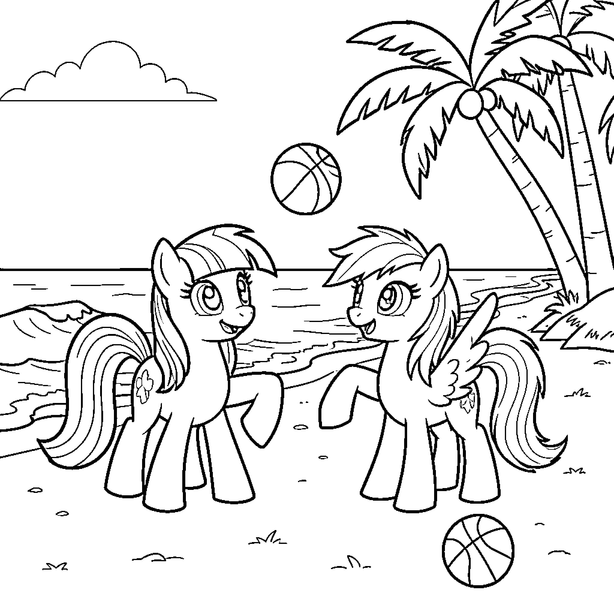 Pony friends playing with balls at the beach Coloring Page (free black-and-white line drawing printable PDF for all, from beginners to advanced learners, including children, teens, adults, and seniors)