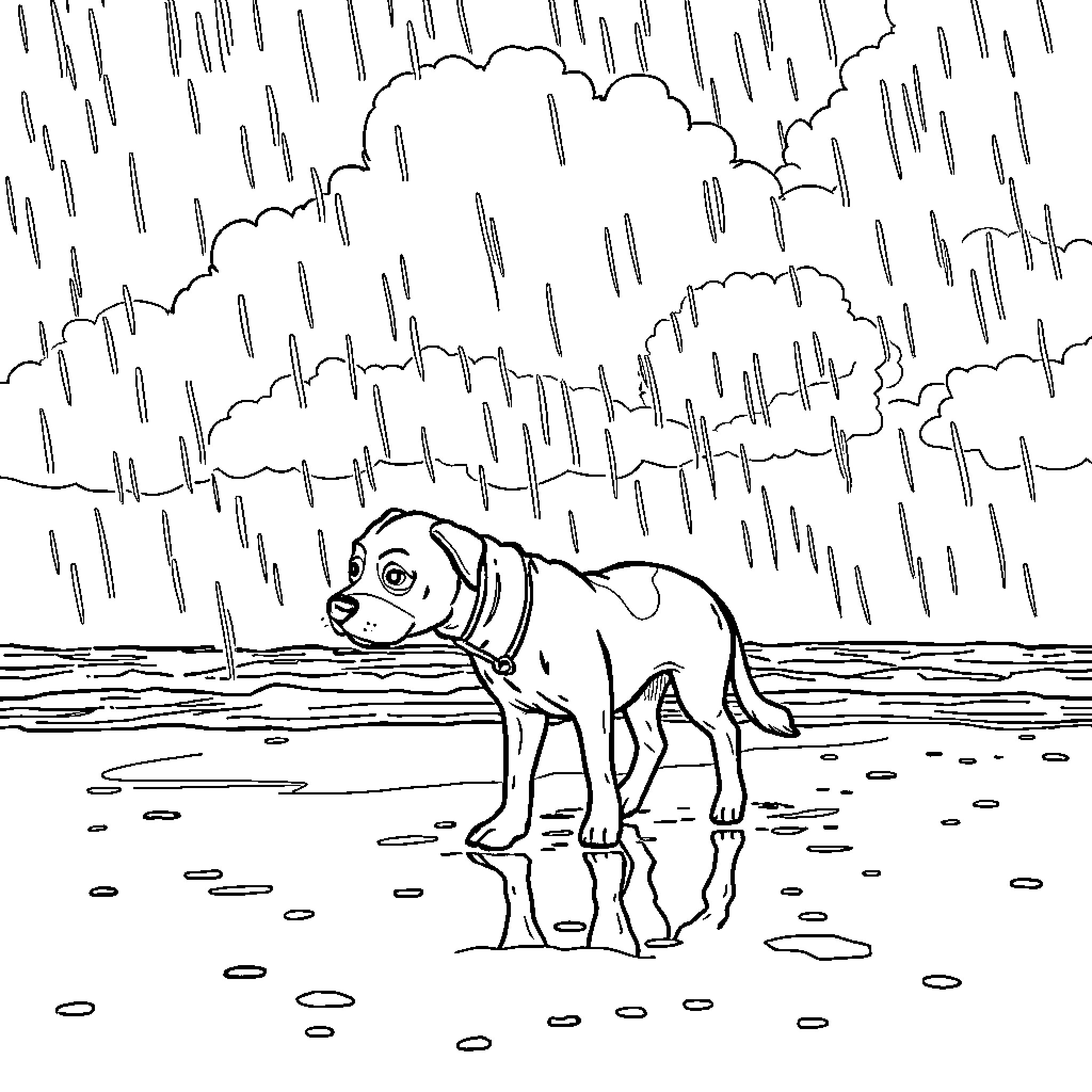 Diga Dog in the Rainy Outdoors Coloring Page (free black-and-white line drawing printable PDF for all, from beginners to advanced learners, including children, teens, adults, and seniors)