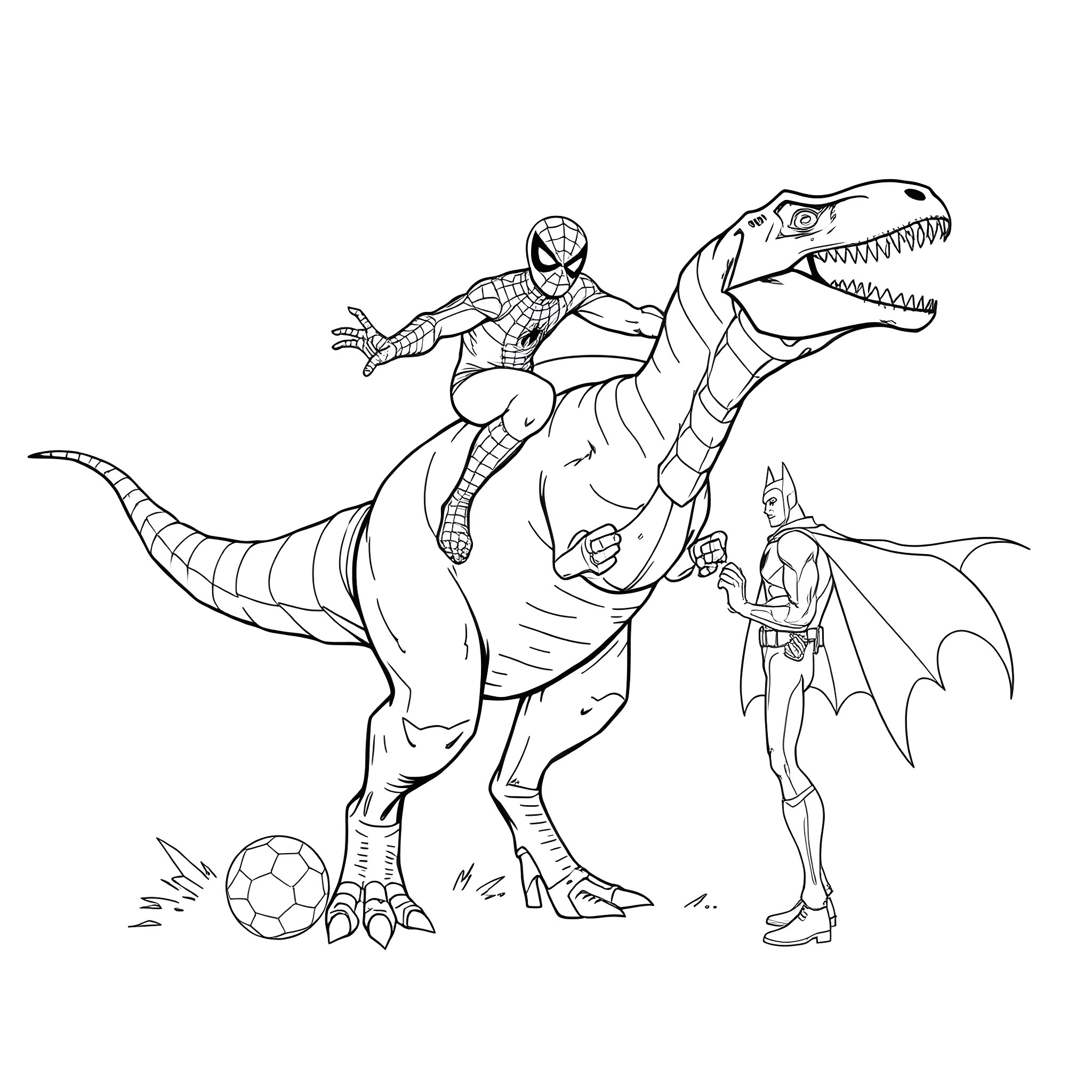 Spidey battling mighty dinosaur with Batman's assistance Coloring Page (free black-and-white line drawing printable PDF for all, from beginners to advanced learners, including children, teens, adults, and seniors)