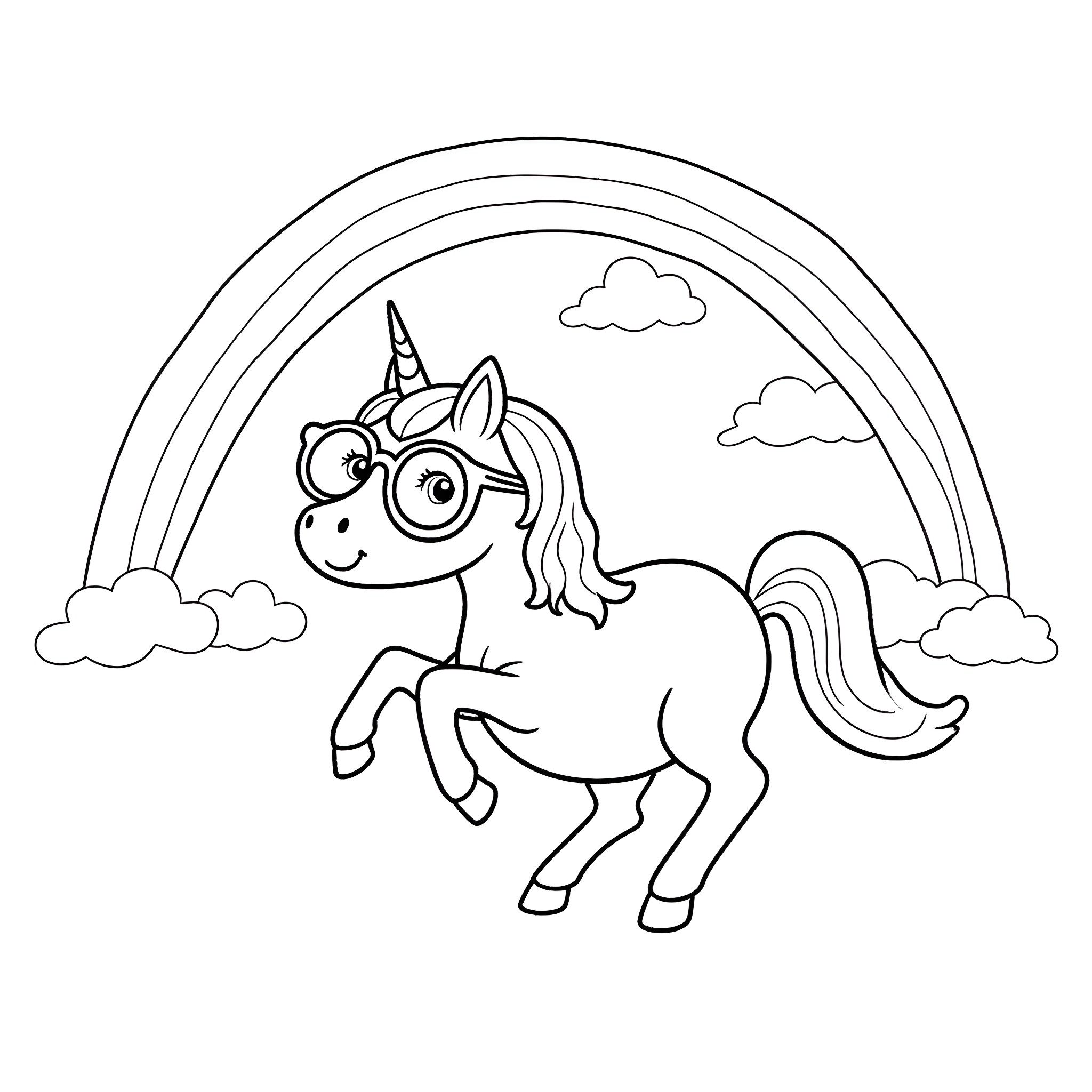 Unicorn galloping happily under a rainbow Coloring Page (free black-and-white line drawing printable PDF for all, from beginners to advanced learners, including children, teens, adults, and seniors)