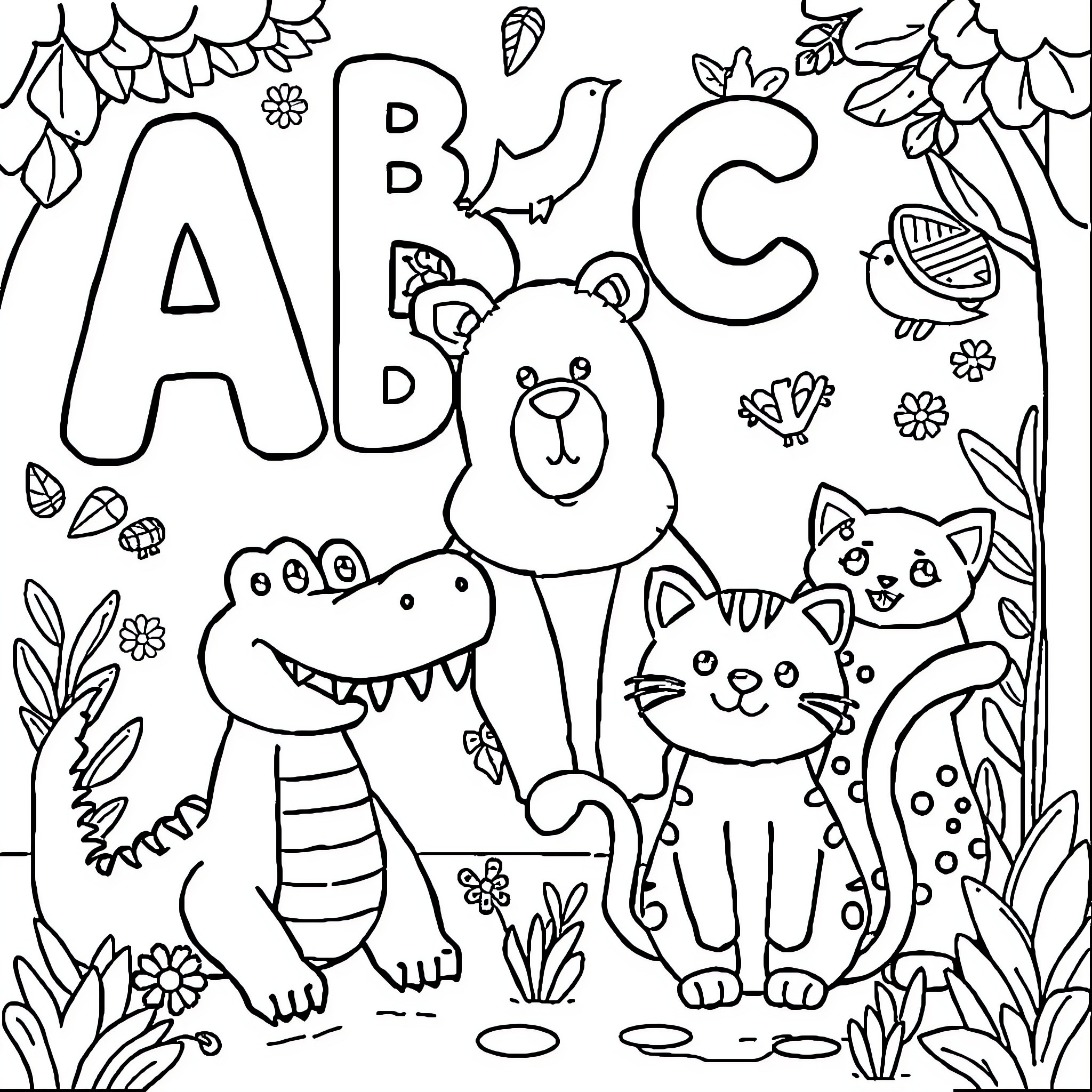 Animal friends explore the ABC forest Coloring Page (free black-and-white line drawing printable PDF for all, from beginners to advanced learners, including children, teens, adults, and seniors)