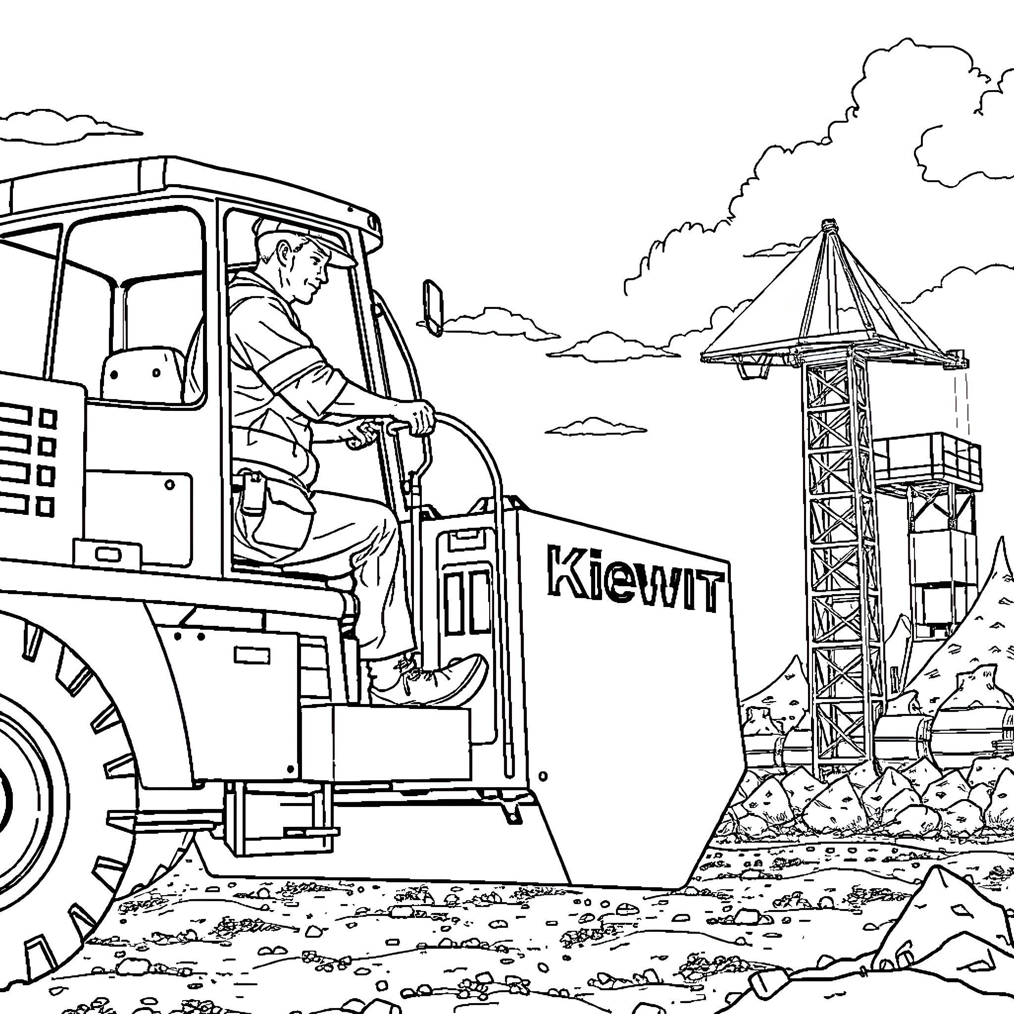 Worker operating heavy machinery at construction site Coloring Page (free black-and-white line drawing printable PDF for all, from beginners to advanced learners, including children, teens, adults, and seniors)
