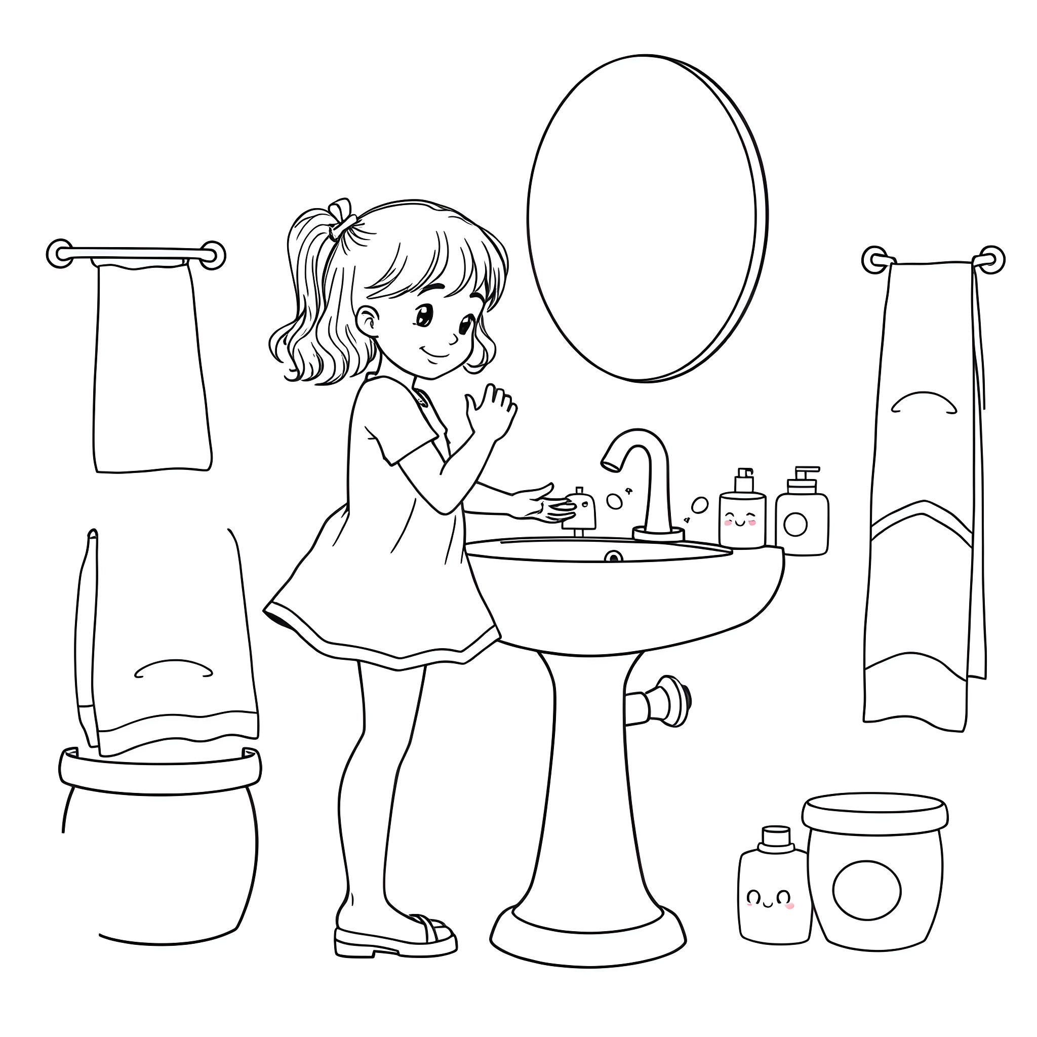 Girl washing hands at bathroom sink Coloring Page (free black-and-white line drawing printable PDF for all, from beginners to advanced learners, including children, teens, adults, and seniors)
