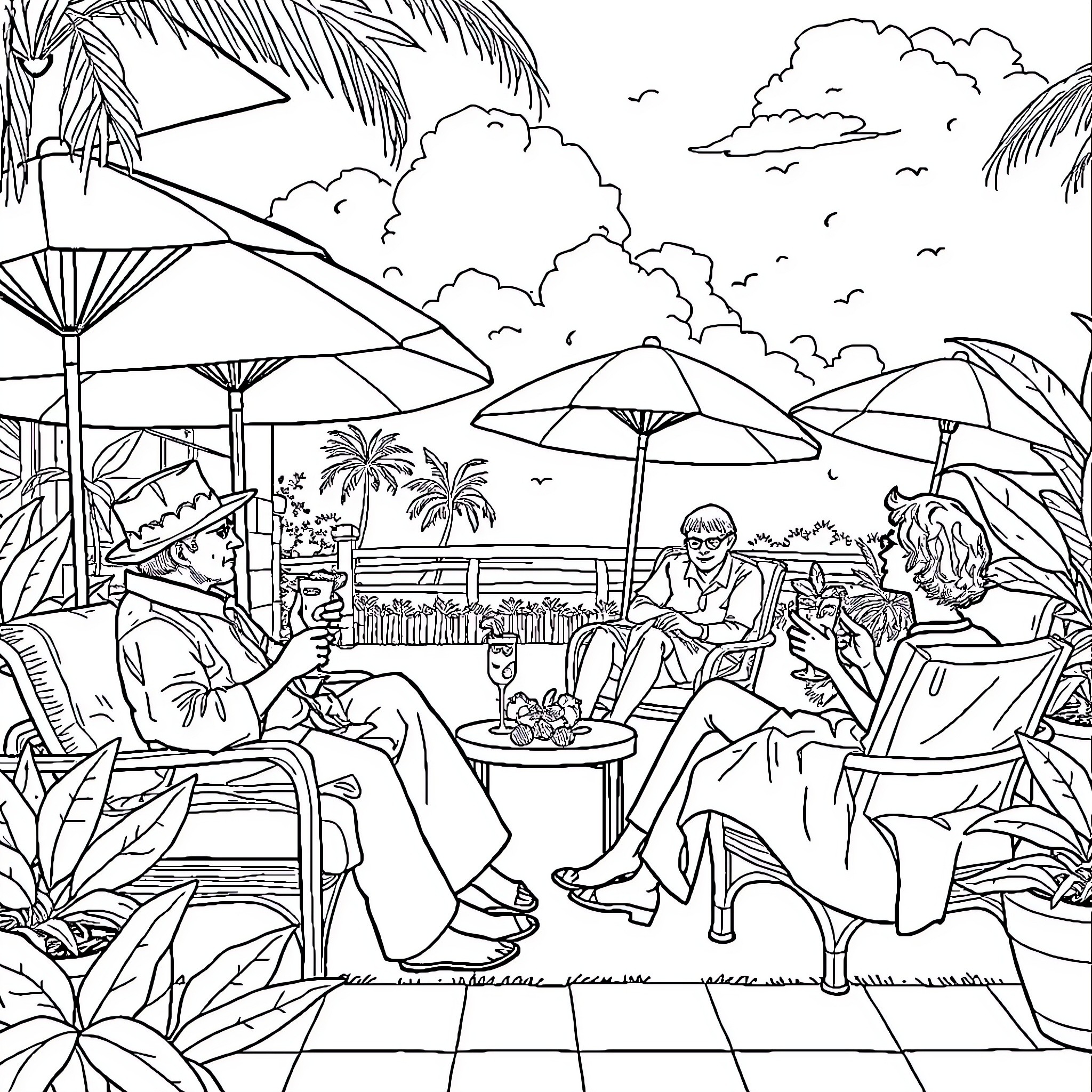 Prof Relaxing summer vacation scene with umbrellas Coloring Page (free black-and-white line drawing printable PDF for all, from beginners to advanced learners, including children, teens, adults, and seniors)