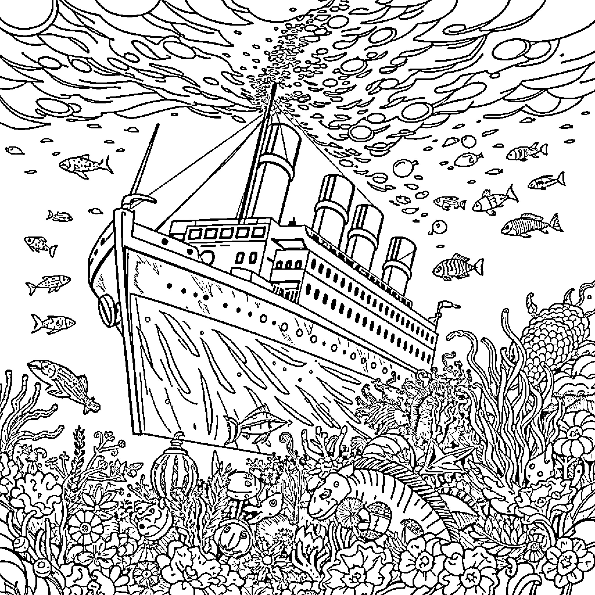 Sea Animal Voyage on a Sunken Ship Coloring Page (free black-and-white line drawing printable PDF for all, from beginners to advanced learners, including children, teens, adults, and seniors)