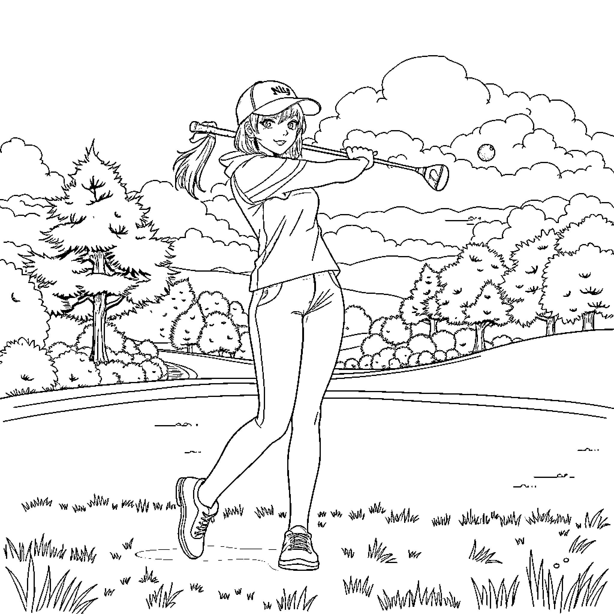 Mira enjoying an outdoor game in nature Coloring Page (free black-and-white line drawing printable PDF for all, from beginners to advanced learners, including children, teens, adults, and seniors)