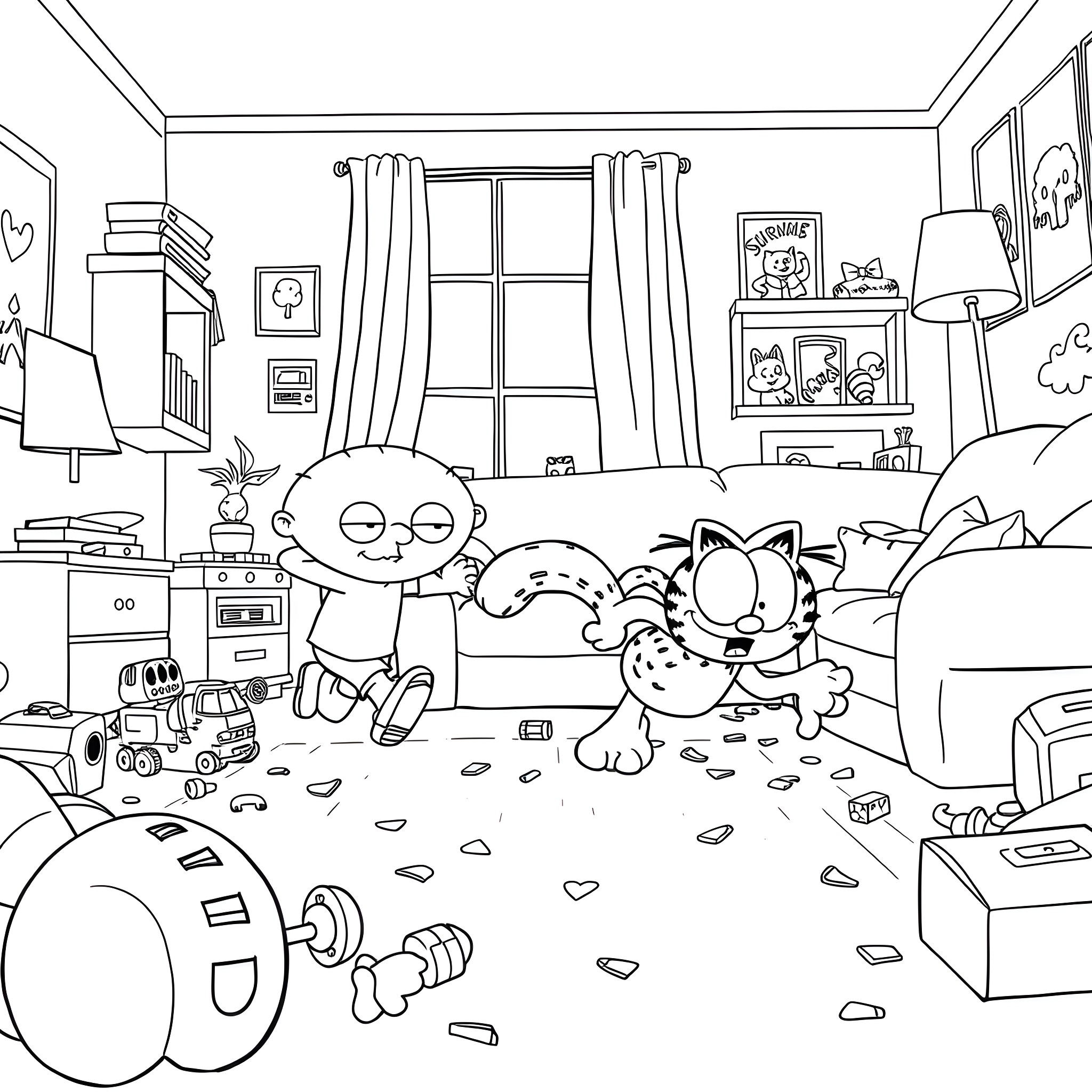 Stewie and friends playing in a messy room Coloring Page (free black-and-white line drawing printable PDF for all, from beginners to advanced learners, including children, teens, adults, and seniors)