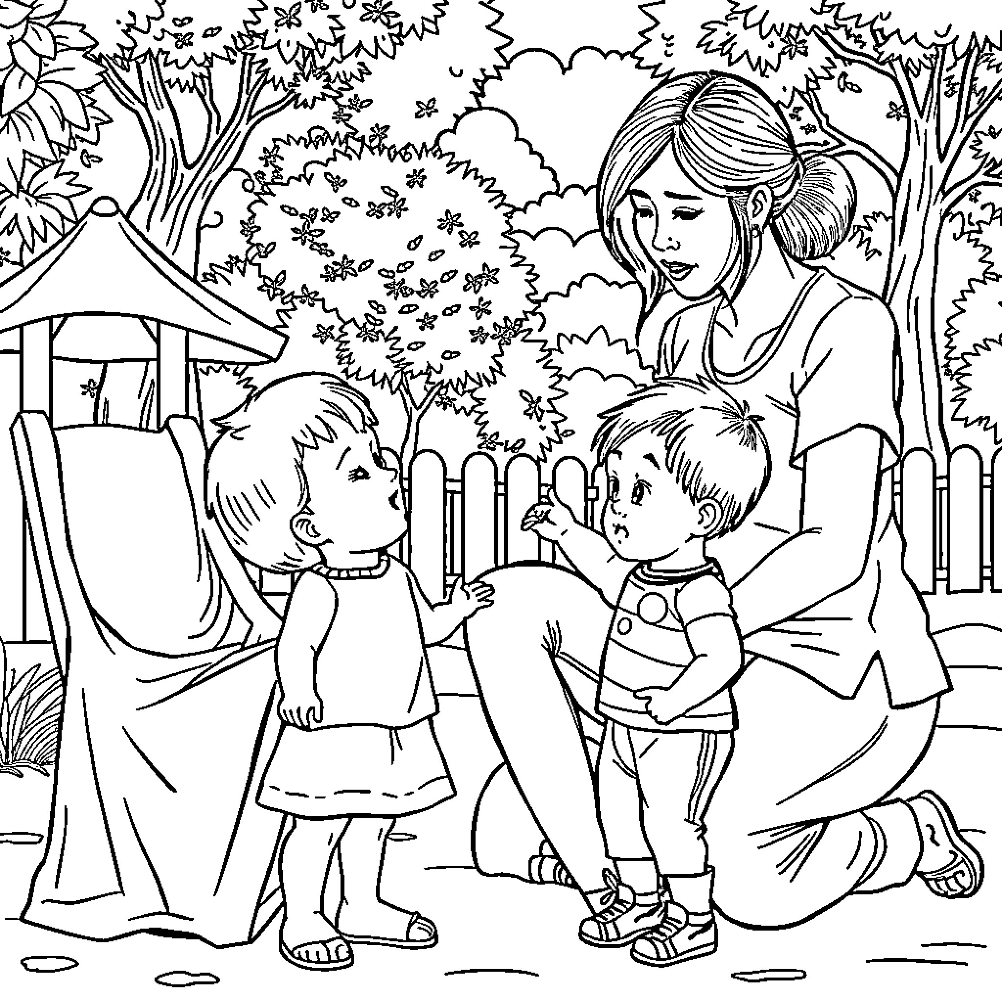 Thai Lady Interacting with Children in the Park Coloring Page (free black-and-white line drawing printable PDF for all, from beginners to advanced learners, including children, teens, adults, and seniors)