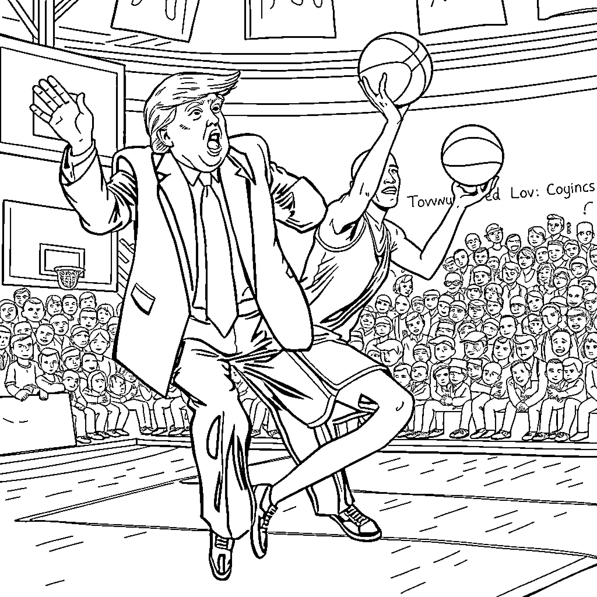 Donald Trump Celebrating Victory at Basketball Game Coloring Page (free black-and-white line drawing printable PDF for all, from beginners to advanced learners, including children, teens, adults, and seniors)