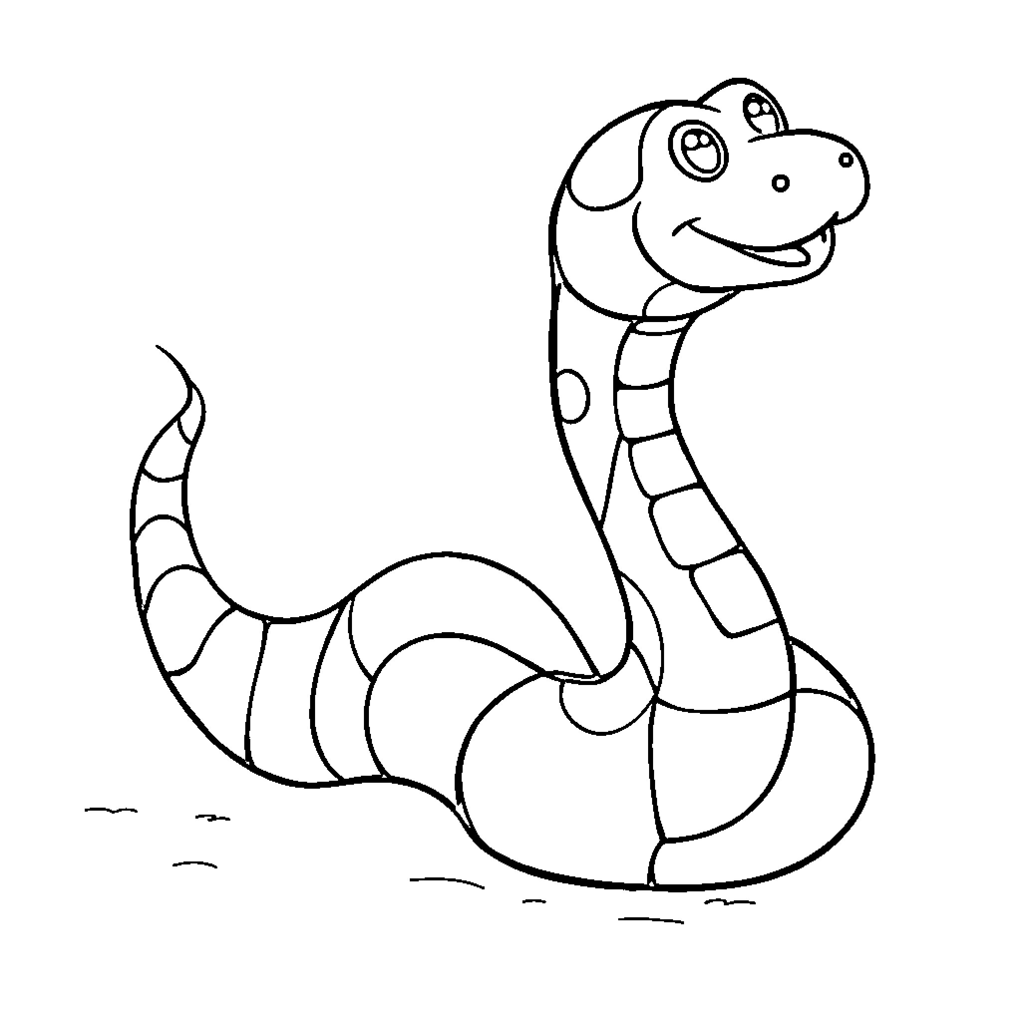 Snake displaying a happy expression Coloring Page (free black-and-white line drawing printable PDF for all, from beginners to advanced learners, including children, teens, adults, and seniors)