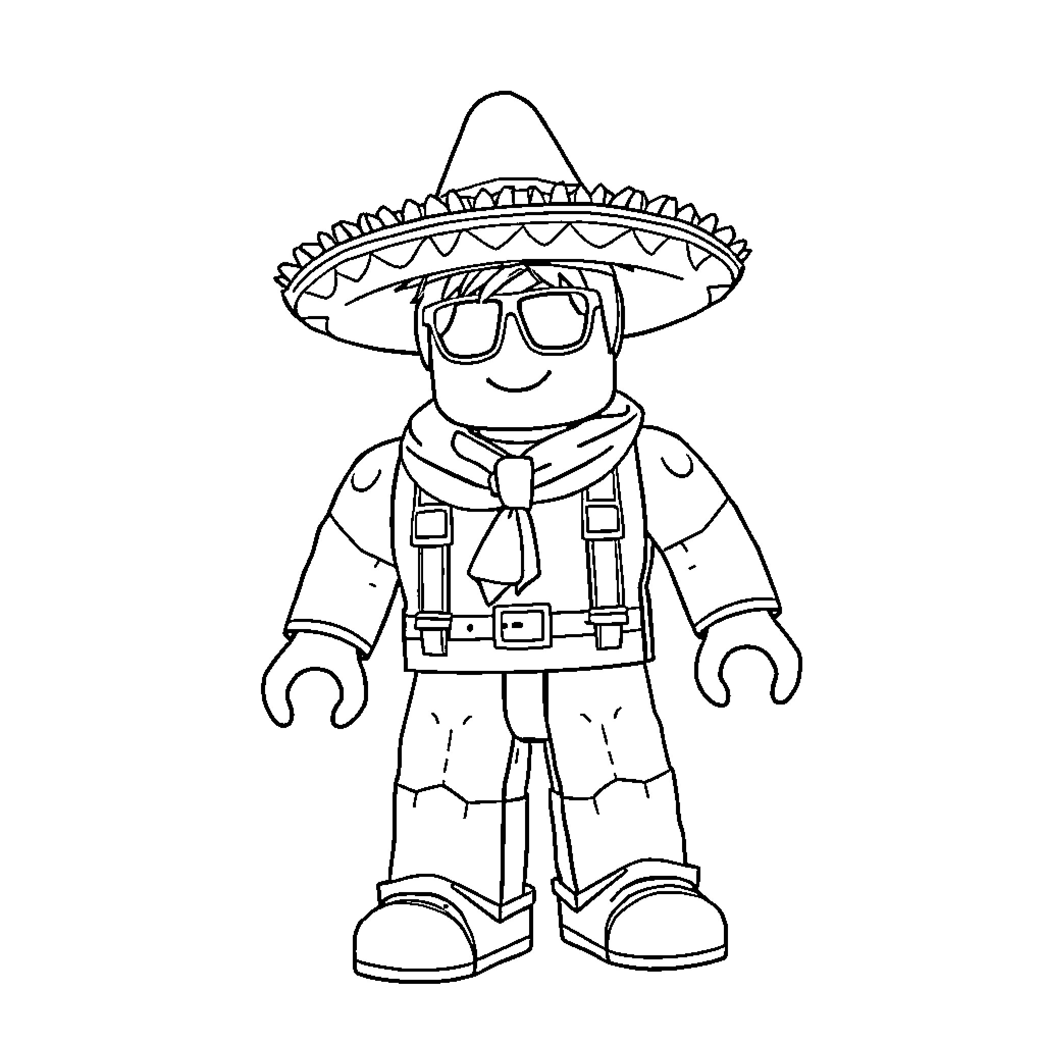 Roblox character in Mexican-inspired outfit Coloring Page (free black-and-white line drawing printable PDF for all, from beginners to advanced learners, including children, teens, adults, and seniors)
