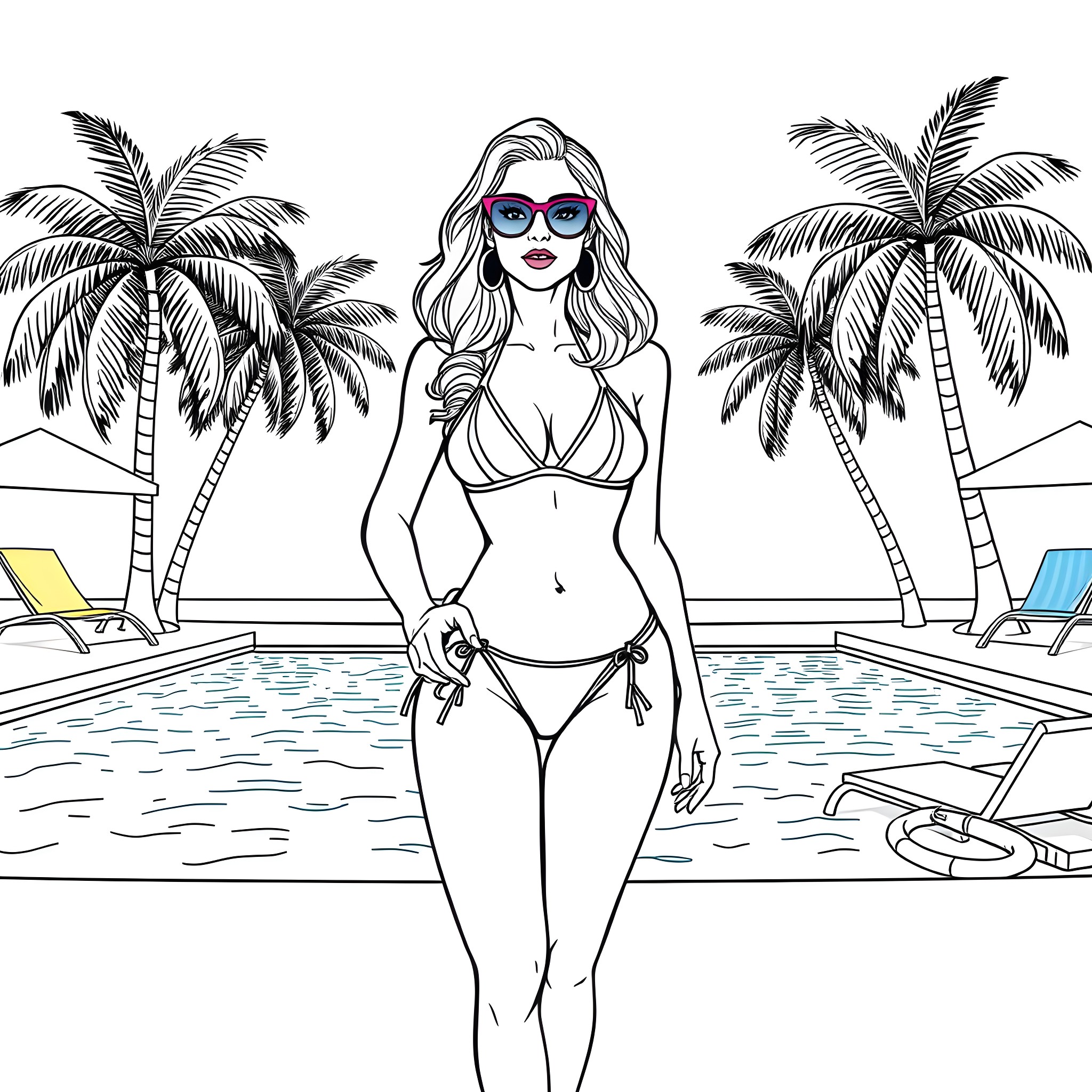 Babe relaxing by the pool in a tropical paradise Coloring Page (free black-and-white line drawing printable PDF for all, from beginners to advanced learners, including children, teens, adults, and seniors)
