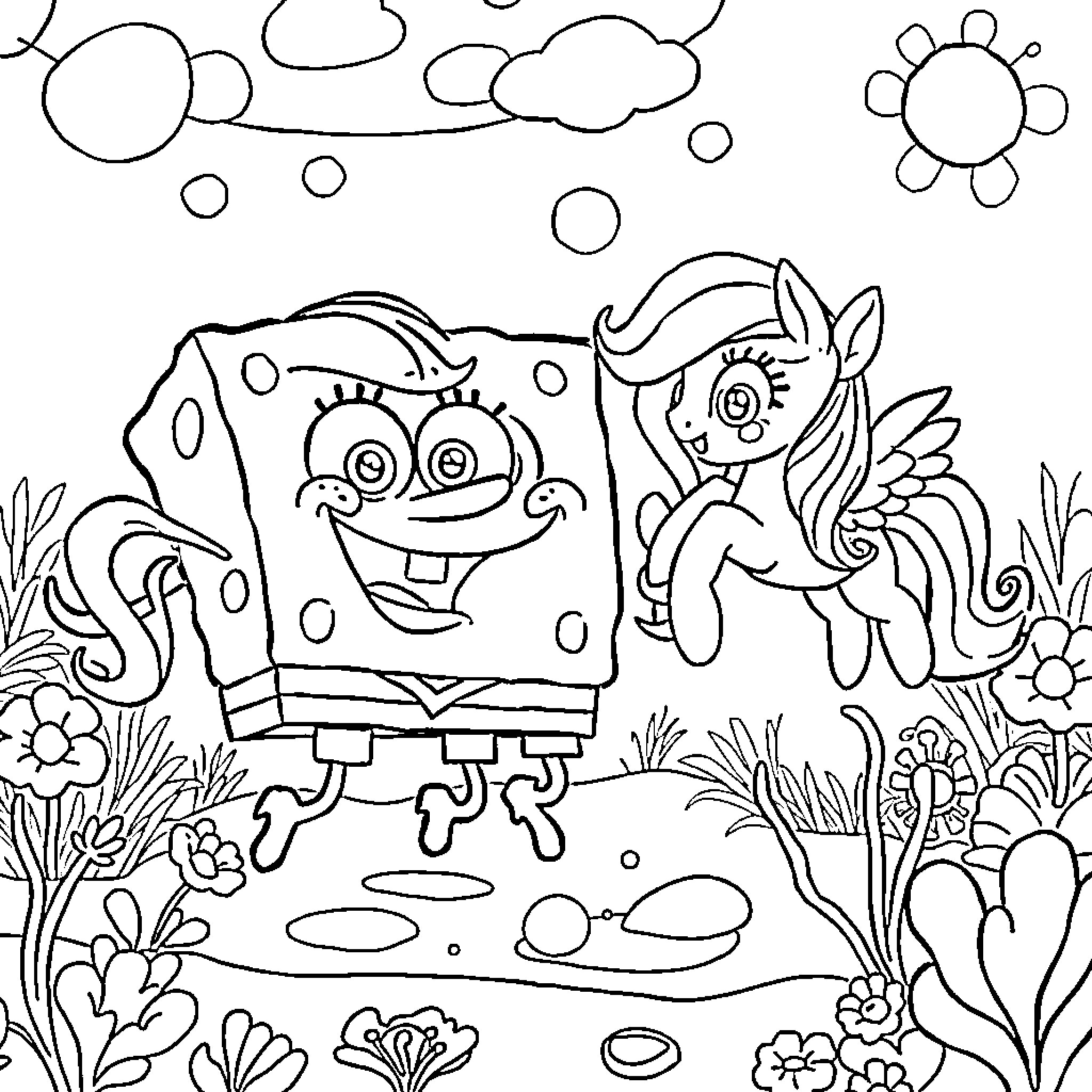 SpongeBob SquarePants and Pony Enjoying the Outdoors Coloring Page (free black-and-white line drawing printable PDF for all, from beginners to advanced learners, including children, teens, adults, and seniors)