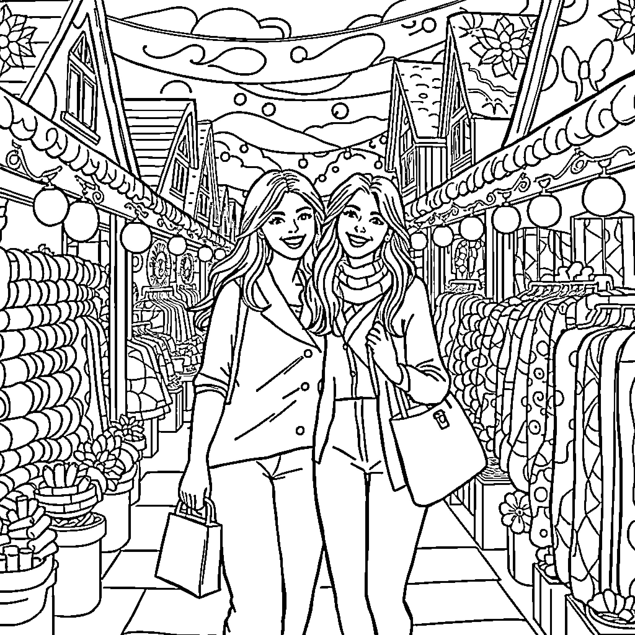 Friend's Lively Shopping Adventure Coloring Page (free black-and-white line drawing printable PDF for all, from beginners to advanced learners, including children, teens, adults, and seniors)