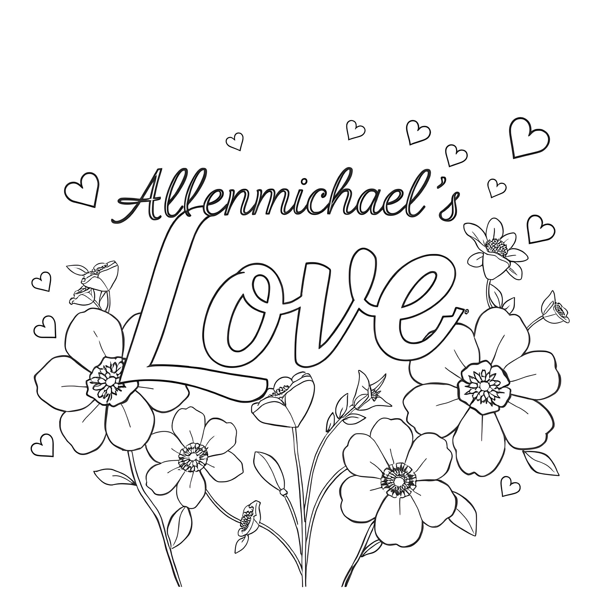Font of Flowers and Hearts Coloring Page (free black-and-white line drawing printable PDF for all, from beginners to advanced learners, including children, teens, adults, and seniors)