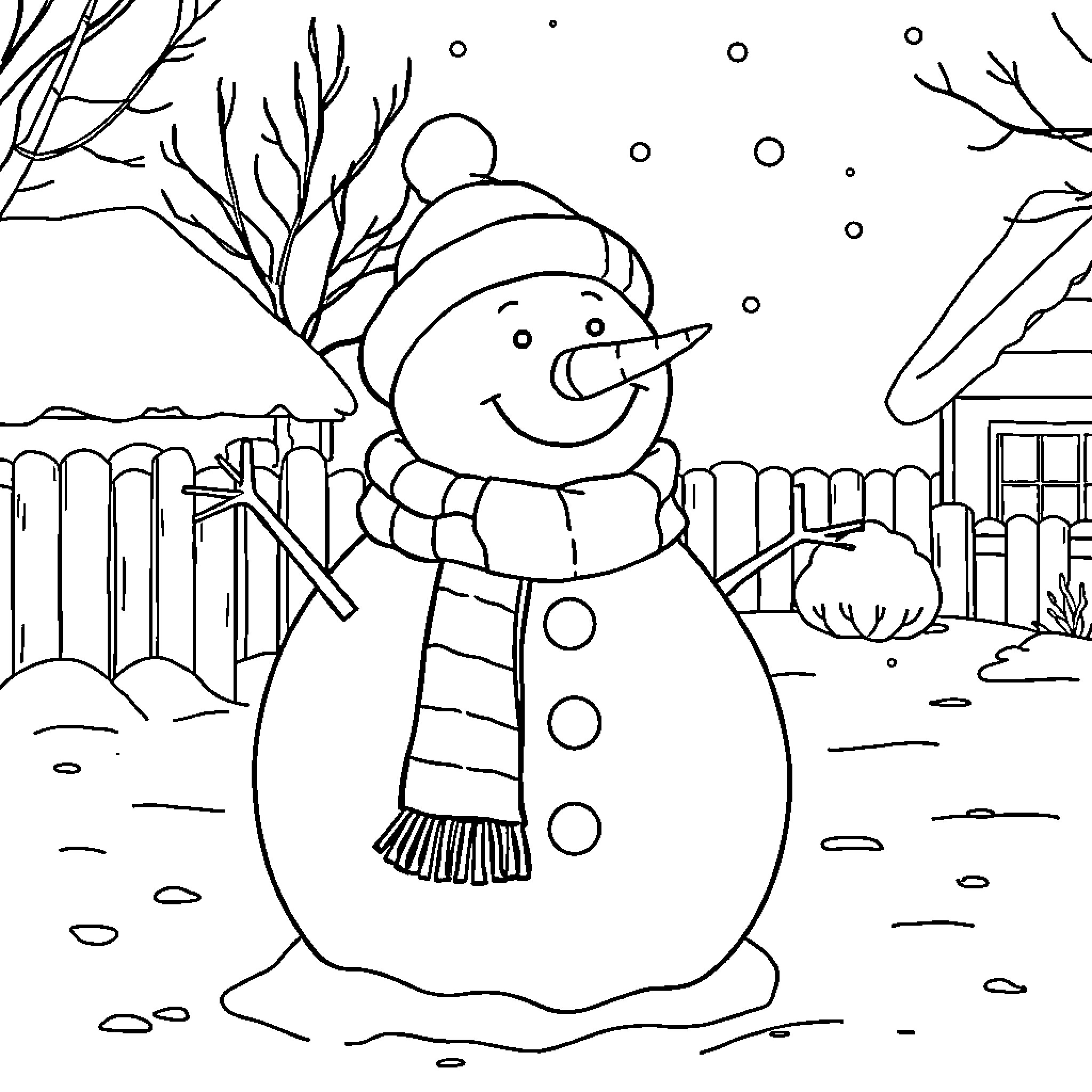 Snowman building a snowman in winter wonderland Coloring Page (free black-and-white line drawing printable PDF for all, from beginners to advanced learners, including children, teens, adults, and seniors)
