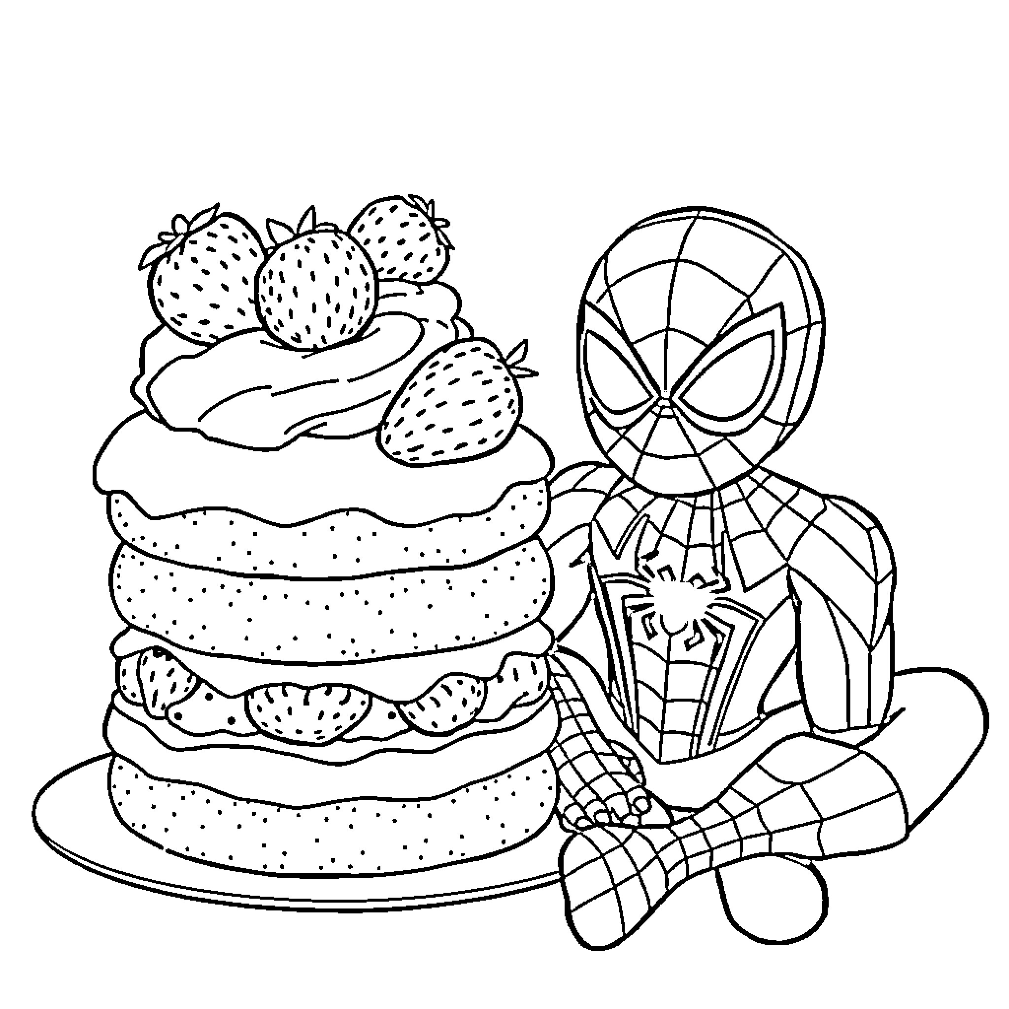 Shortcake with Spider-Man and Strawberries Coloring Page (free black-and-white line drawing printable PDF for all, from beginners to advanced learners, including children, teens, adults, and seniors)