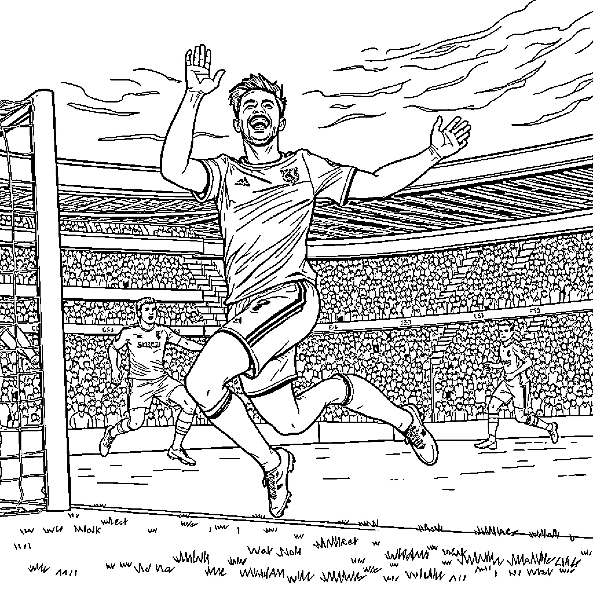 Harry Maguire celebrates goal in soccer stadium Coloring Page (free black-and-white line drawing printable PDF for all, from beginners to advanced learners, including children, teens, adults, and seniors)