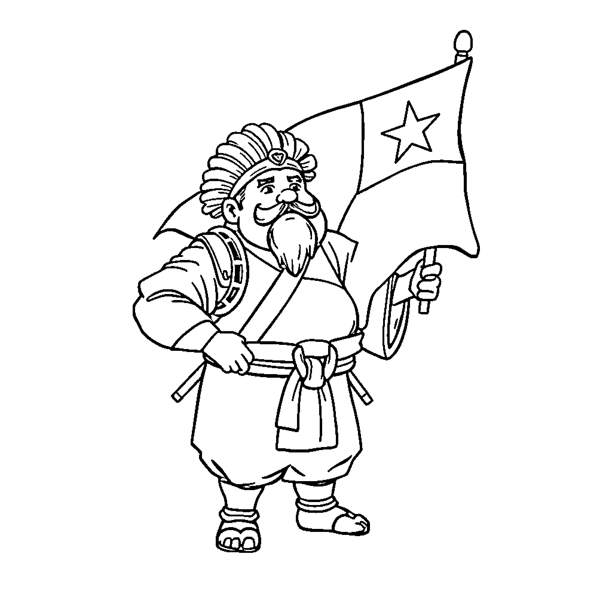 Kamado Tanjiro holding a flag with a star Coloring Page (free black-and-white line drawing printable PDF for all, from beginners to advanced learners, including children, teens, adults, and seniors)