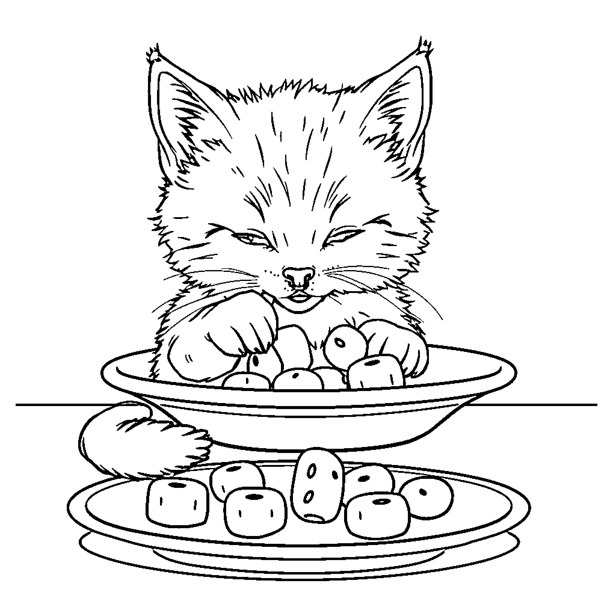 Cat Enjoying a Hearty Meal Coloring Page (free black-and-white line drawing printable PDF for all, from beginners to advanced learners, including children, teens, adults, and seniors)