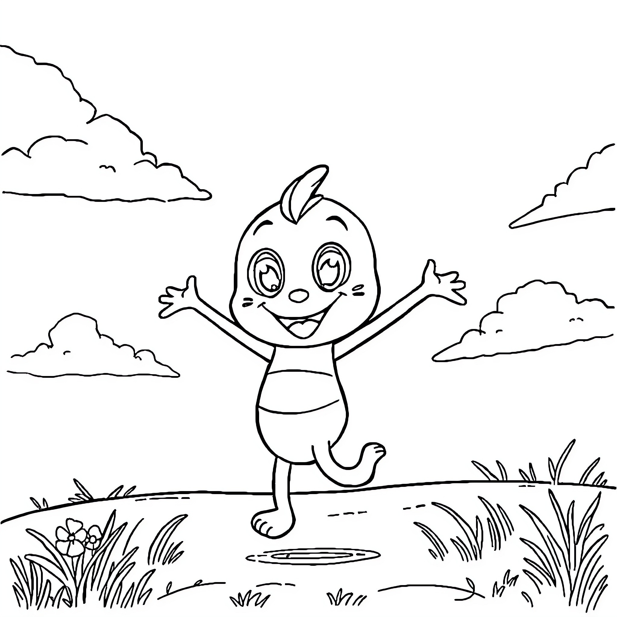 Labubu's joyful dance in the meadow Coloring Page (free black-and-white line drawing printable PDF for all, from beginners to advanced learners, including children, teens, adults, and seniors)