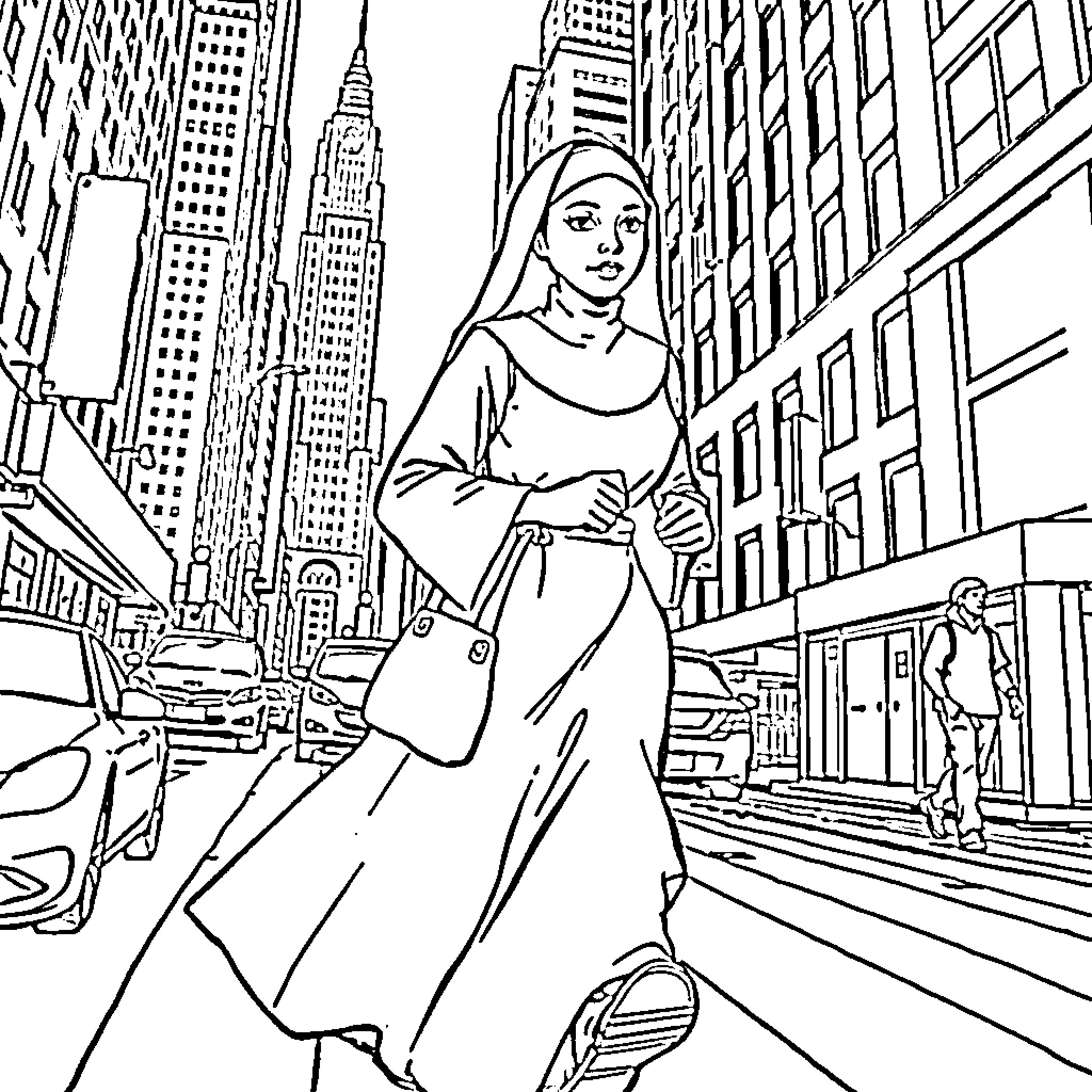 Nun strolling through bustling city streets Coloring Page (free black-and-white line drawing printable PDF for all, from beginners to advanced learners, including children, teens, adults, and seniors)