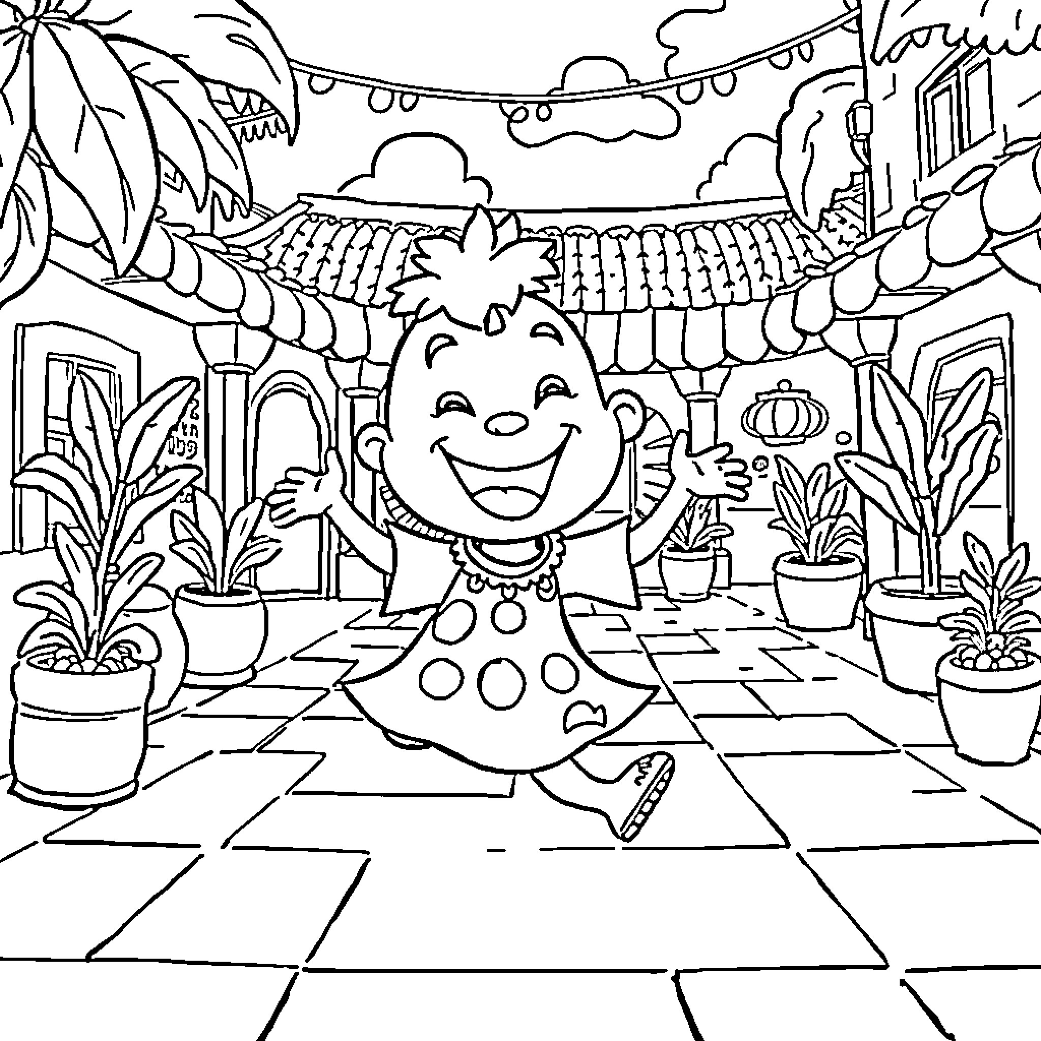 Labubu's Cheerful Garden Adventure Coloring Page (free black-and-white line drawing printable PDF for all, from beginners to advanced learners, including children, teens, adults, and seniors)