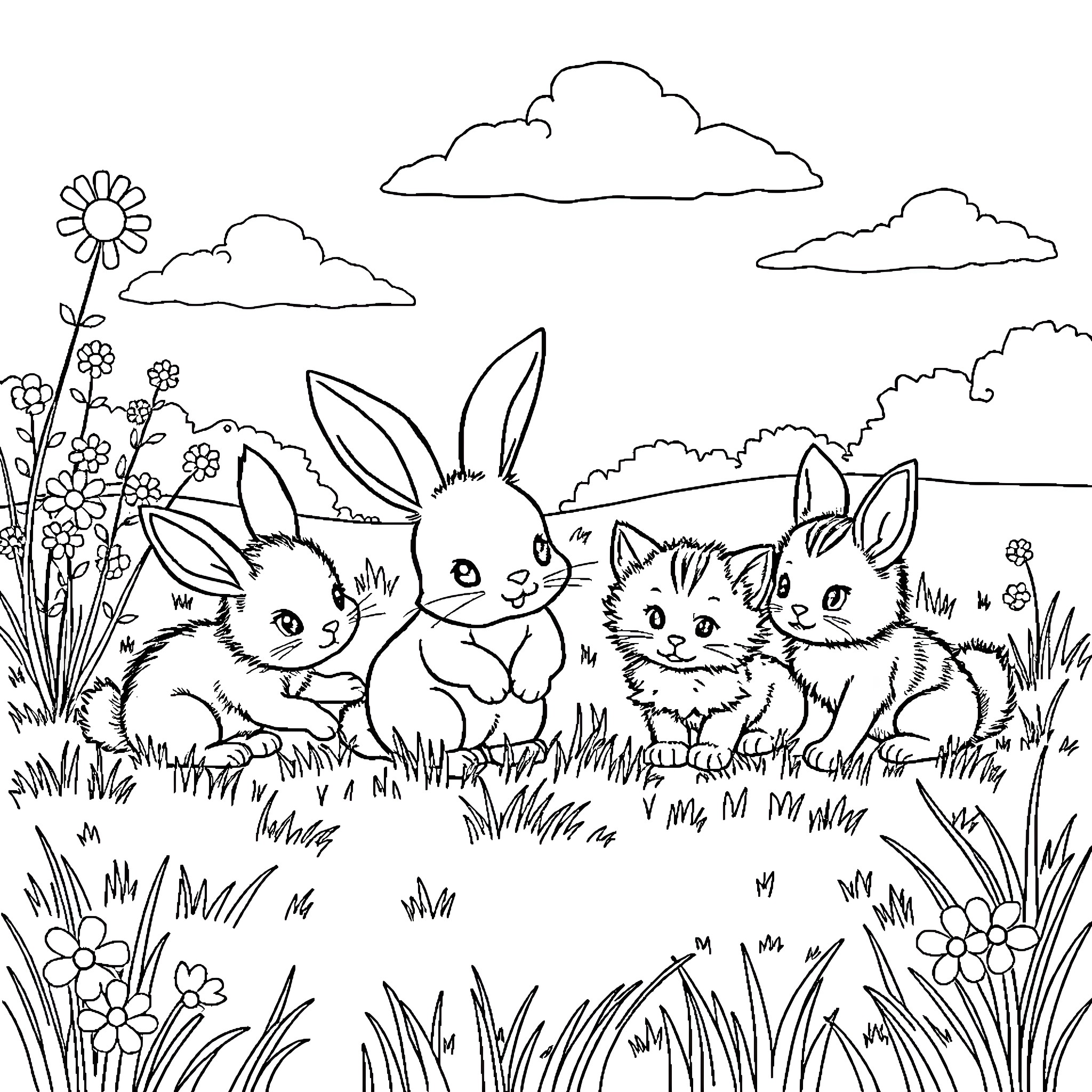 Bunnies playing happily in the meadow Coloring Page (free black-and-white line drawing printable PDF for all, from beginners to advanced learners, including children, teens, adults, and seniors)