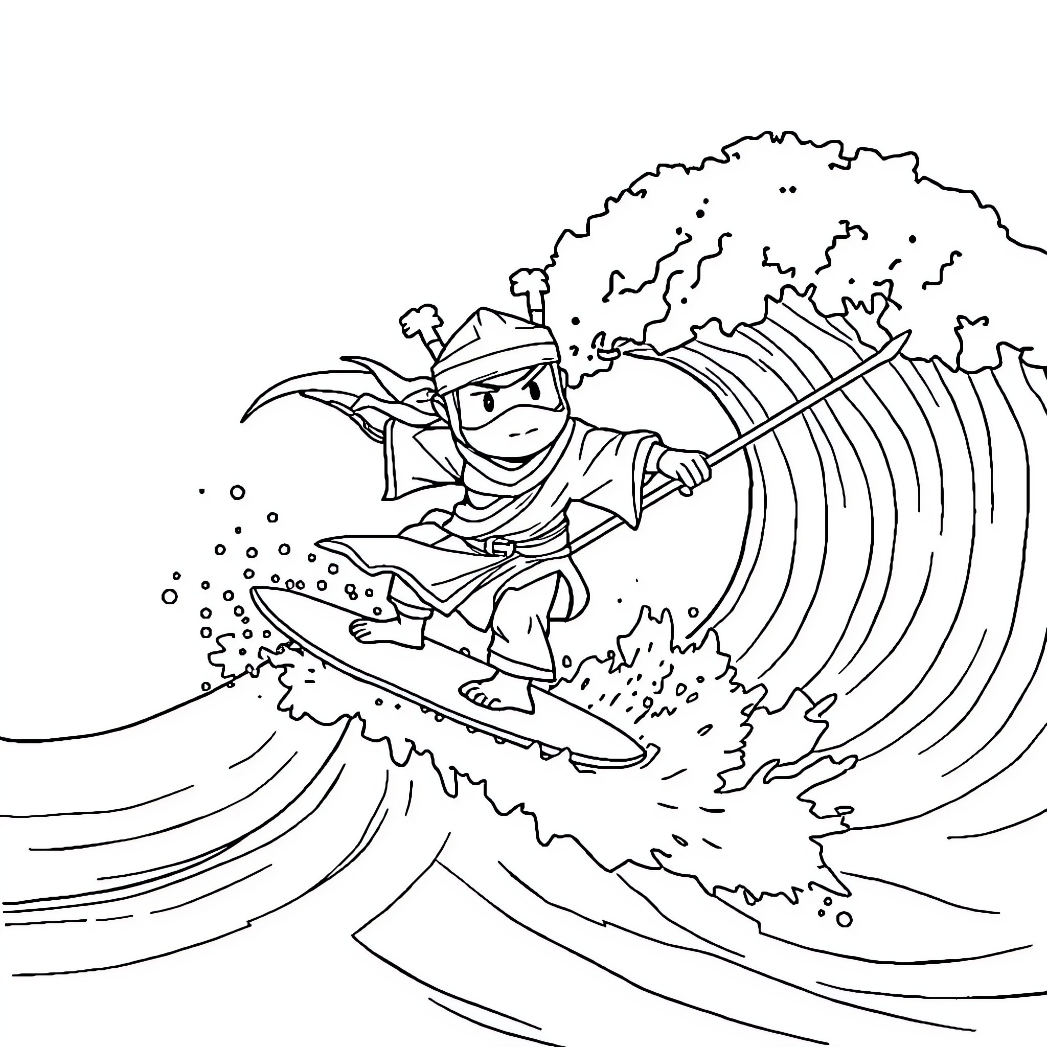 Ninja Rabbi surfing giant wave Coloring Page (free black-and-white line drawing printable PDF for all, from beginners to advanced learners, including children, teens, adults, and seniors)