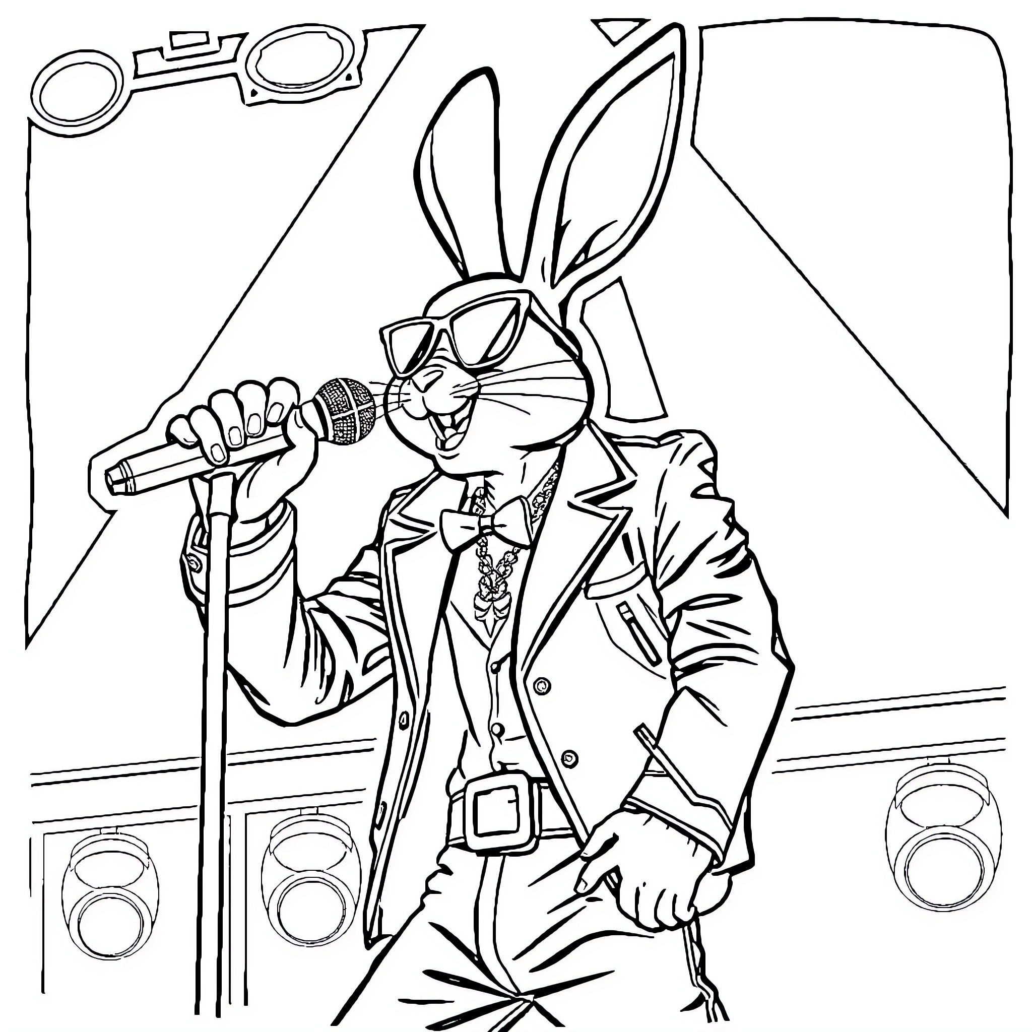 Badbunny on stage performing with microphone Coloring Page (free black-and-white line drawing printable PDF for all, from beginners to advanced learners, including children, teens, adults, and seniors)