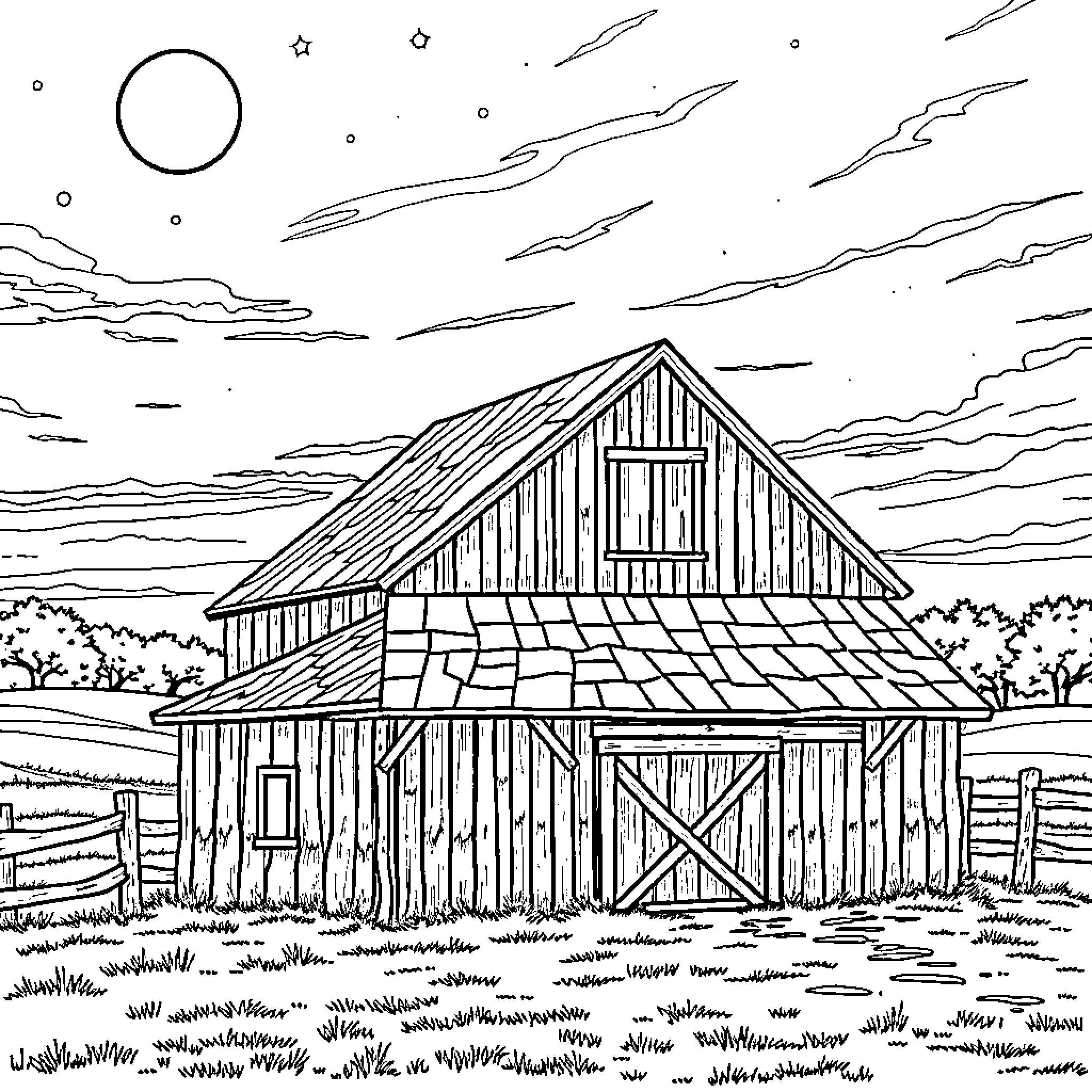 Moon over the rustic barn in the countryside Coloring Page (free black-and-white line drawing printable PDF for all, from beginners to advanced learners, including children, teens, adults, and seniors)