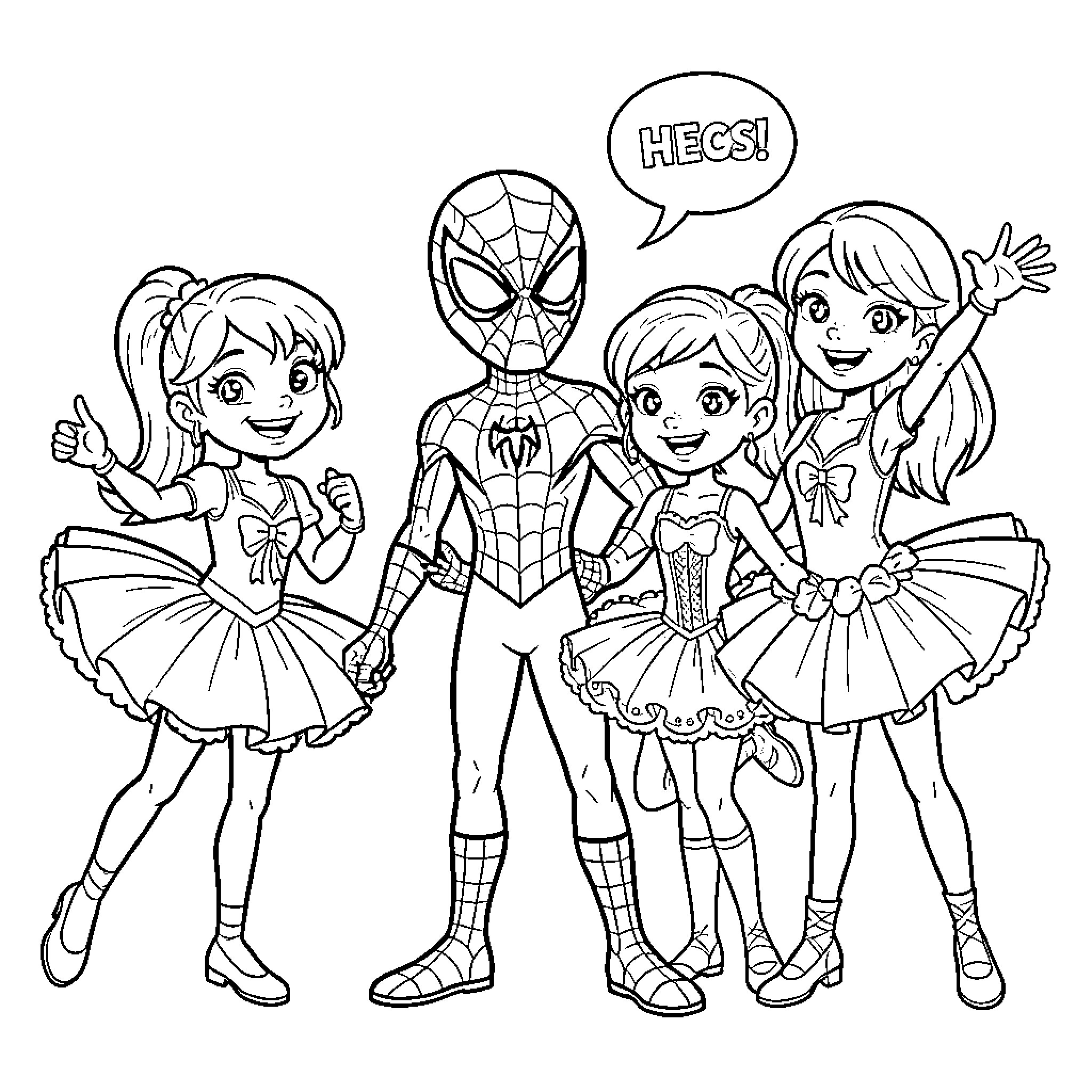 Spider hero standing with happy young girls Coloring Page (free black-and-white line drawing printable PDF for all, from beginners to advanced learners, including children, teens, adults, and seniors)