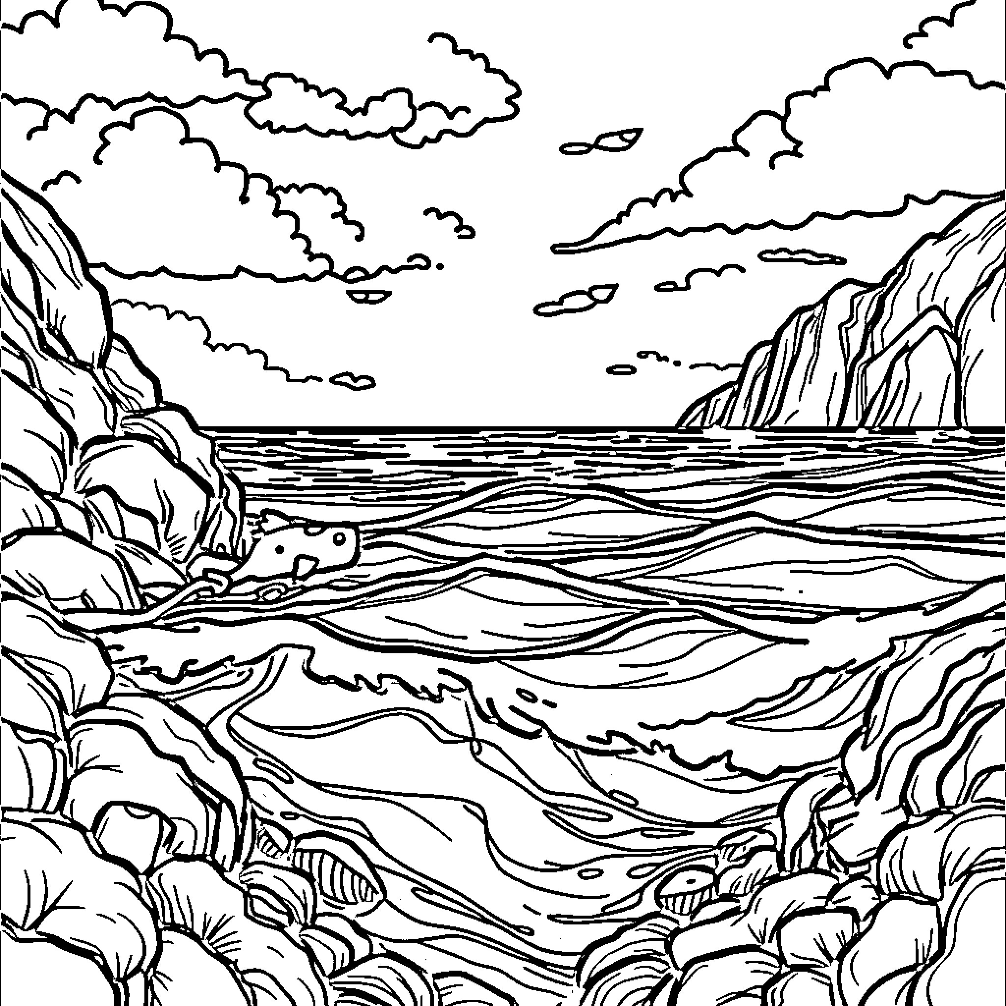 Ocean scenery with dramatic sky and waves Coloring Page (free black-and-white line drawing printable PDF for all, from beginners to advanced learners, including children, teens, adults, and seniors)