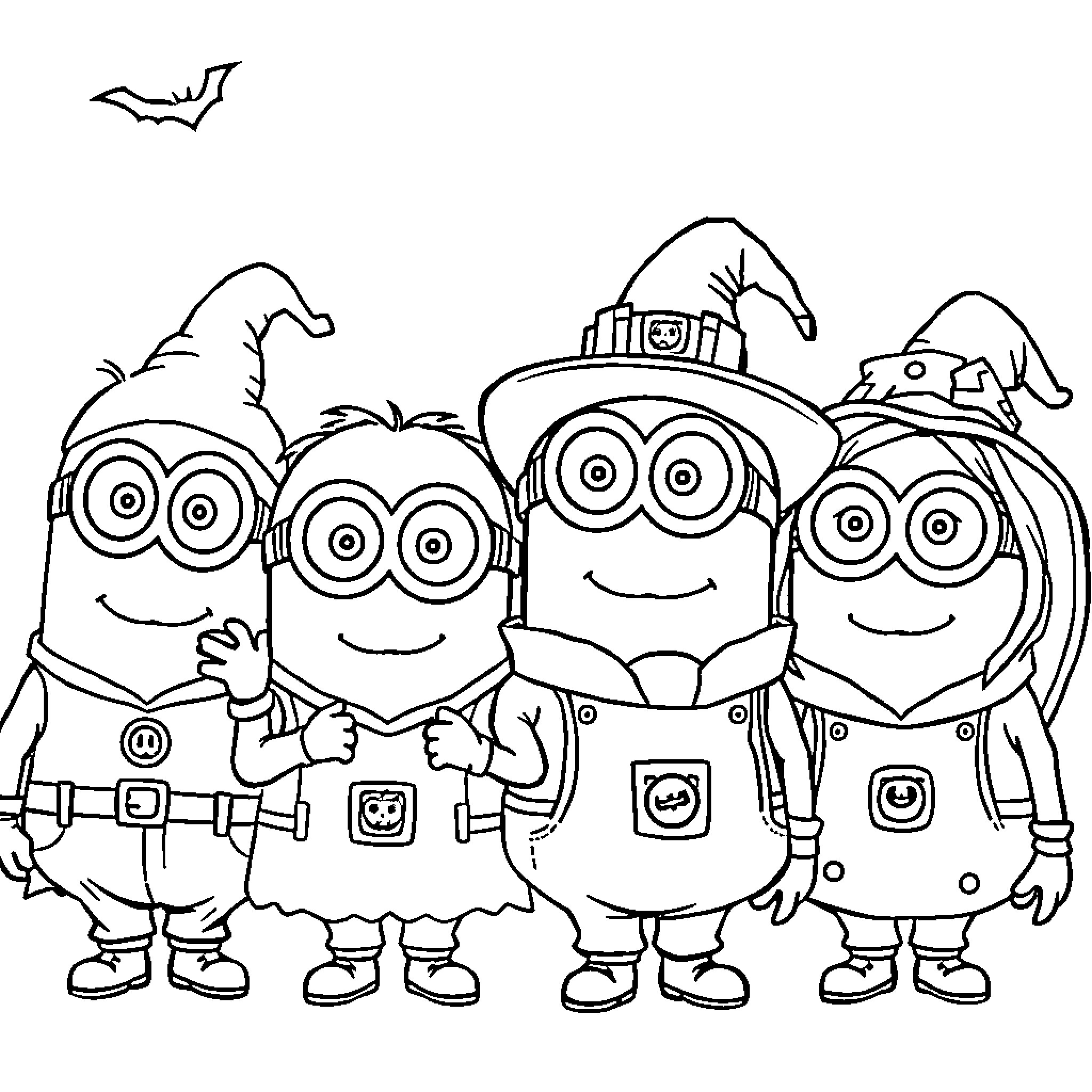 Minions in Halloween costumes posing together Coloring Page (free black-and-white line drawing printable PDF for all, from beginners to advanced learners, including children, teens, adults, and seniors)