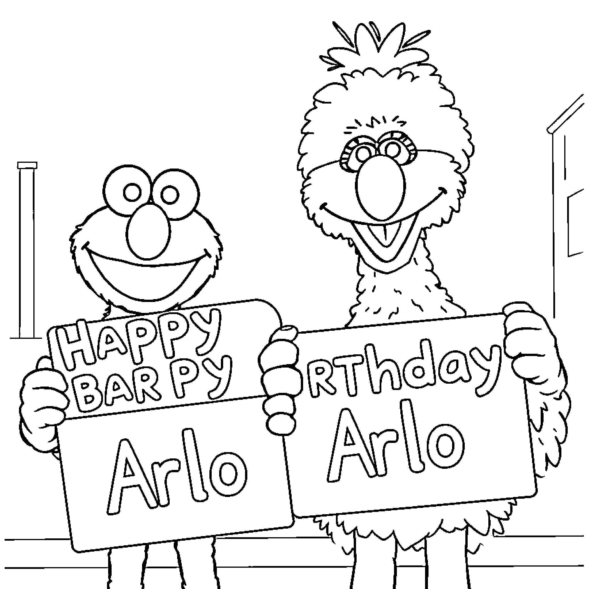 Sesame Street characters celebrate Arlo's birthday Coloring Page (free black-and-white line drawing printable PDF for all, from beginners to advanced learners, including children, teens, adults, and seniors)