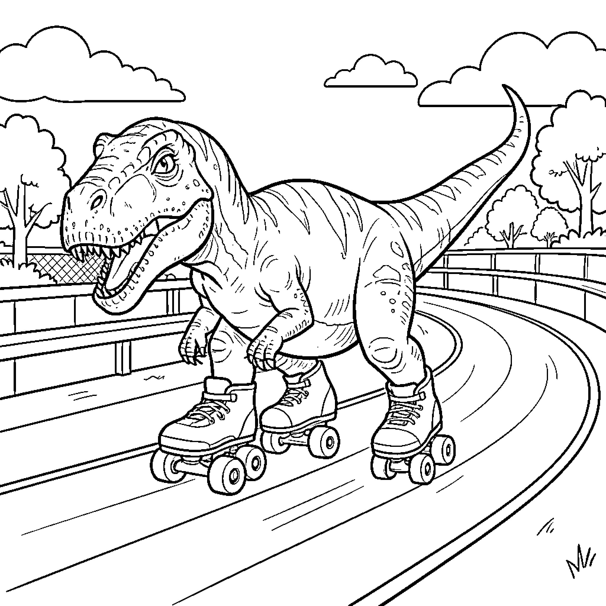 Dinosaur roller skating joyfully on a winding path Coloring Page (free black-and-white line drawing printable PDF for all, from beginners to advanced learners, including children, teens, adults, and seniors)