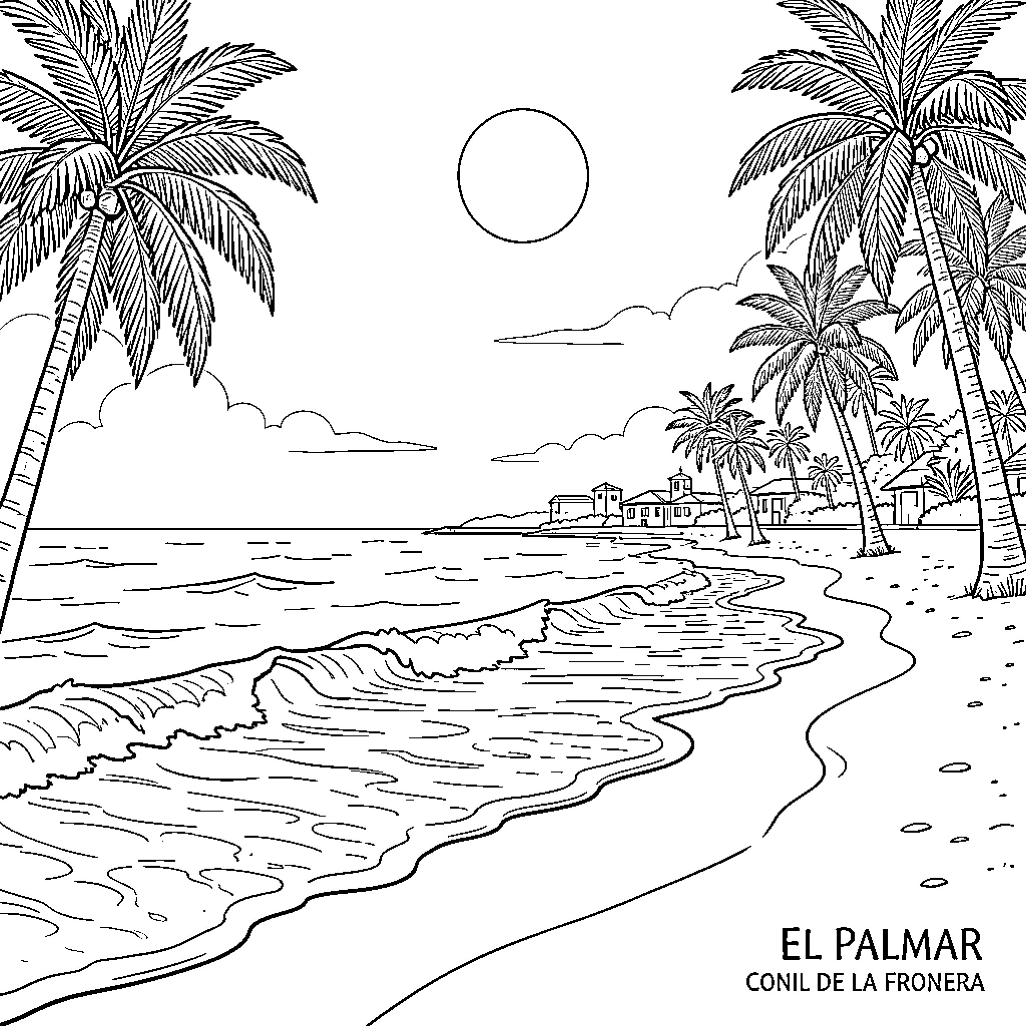 Beach scene with palm trees and waves Coloring Page (free black-and-white line drawing printable PDF for all, from beginners to advanced learners, including children, teens, adults, and seniors)