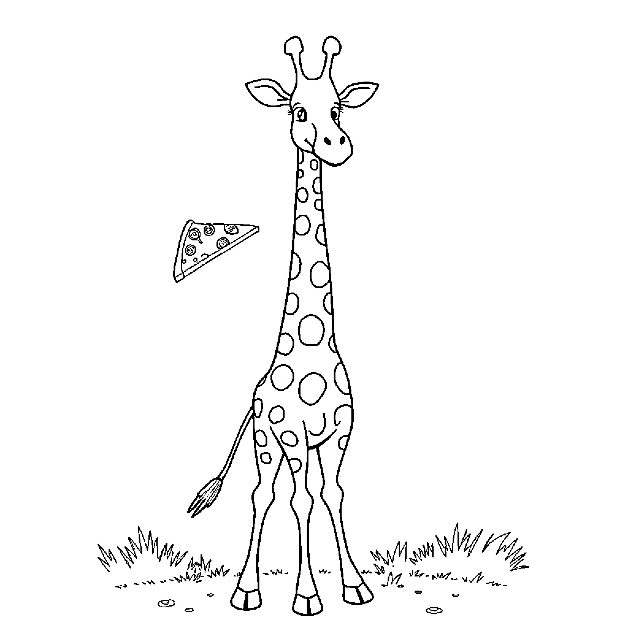 Giraffe enjoying a slice of pizza in the wild Coloring Page (free black-and-white line drawing printable PDF for all, from beginners to advanced learners, including children, teens, adults, and seniors)