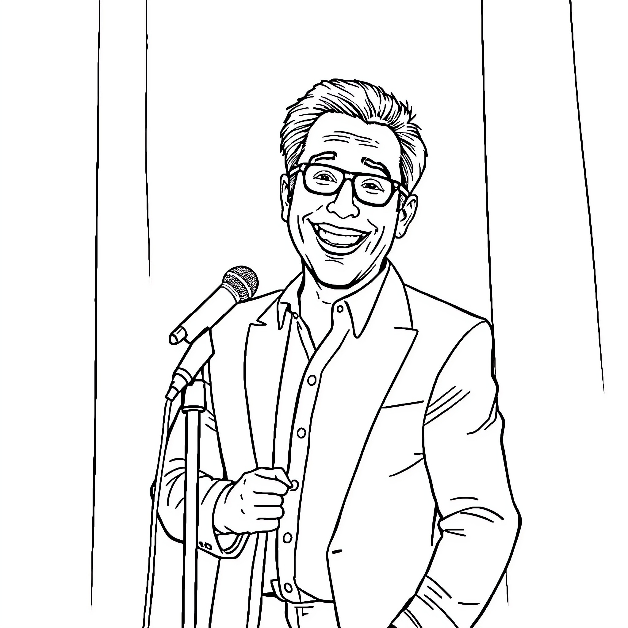 Bob Saget performing on stage with a microphone Coloring Page (free black-and-white line drawing printable PDF for all, from beginners to advanced learners, including children, teens, adults, and seniors)