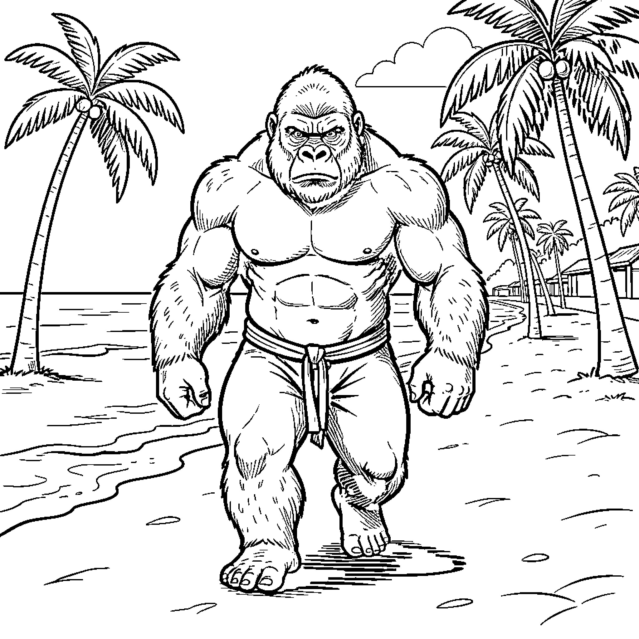 Gorilla flexing its muscles on a tropical beach Coloring Page (free black-and-white line drawing printable PDF for all, from beginners to advanced learners, including children, teens, adults, and seniors)