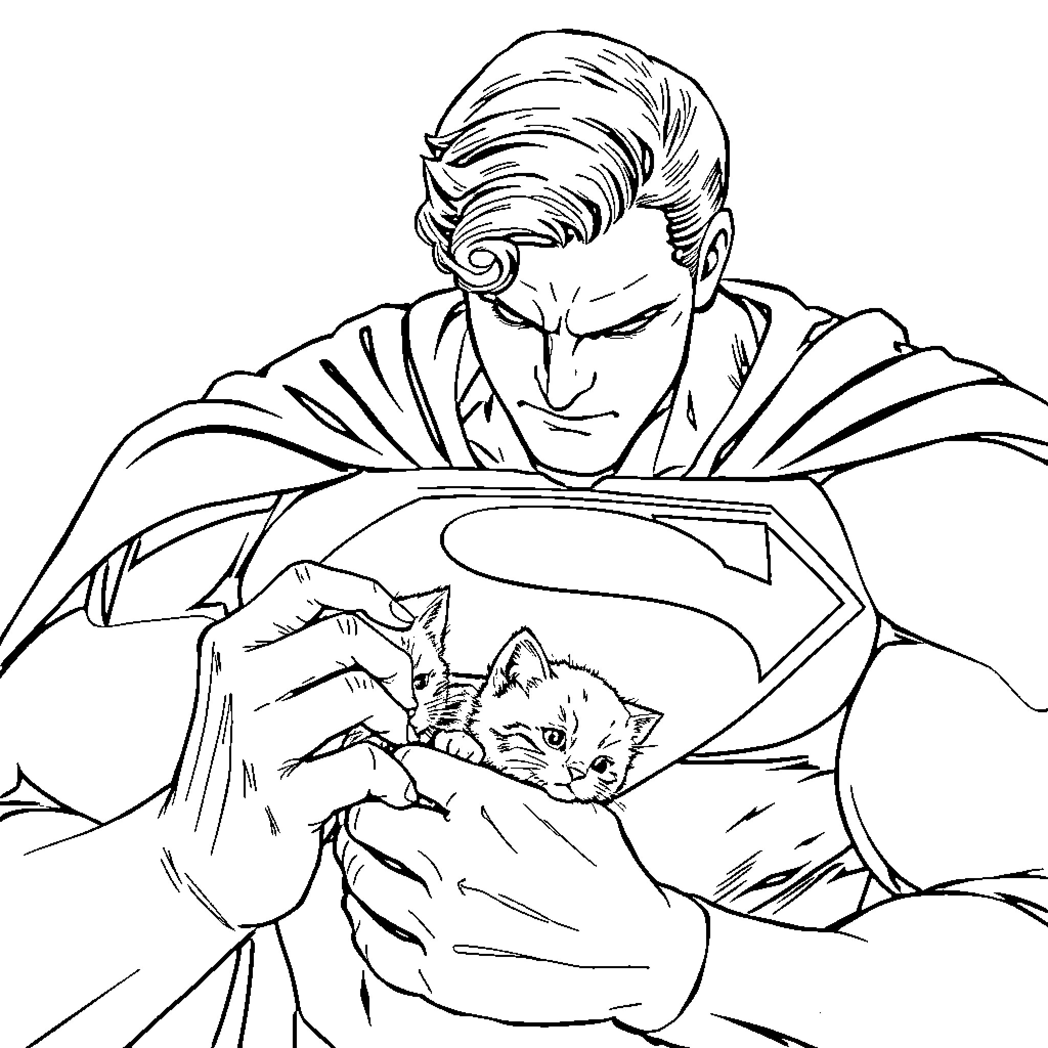 Superman Protecting Innocent Kitten Coloring Page (free black-and-white line drawing printable PDF for all, from beginners to advanced learners, including children, teens, adults, and seniors)