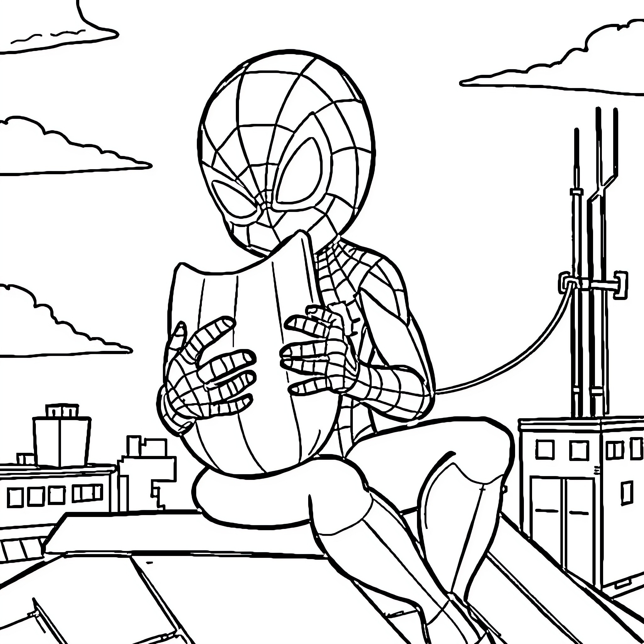 Spiderman Contemplating the City Skyline Coloring Page (free black-and-white line drawing printable PDF for all, from beginners to advanced learners, including children, teens, adults, and seniors)