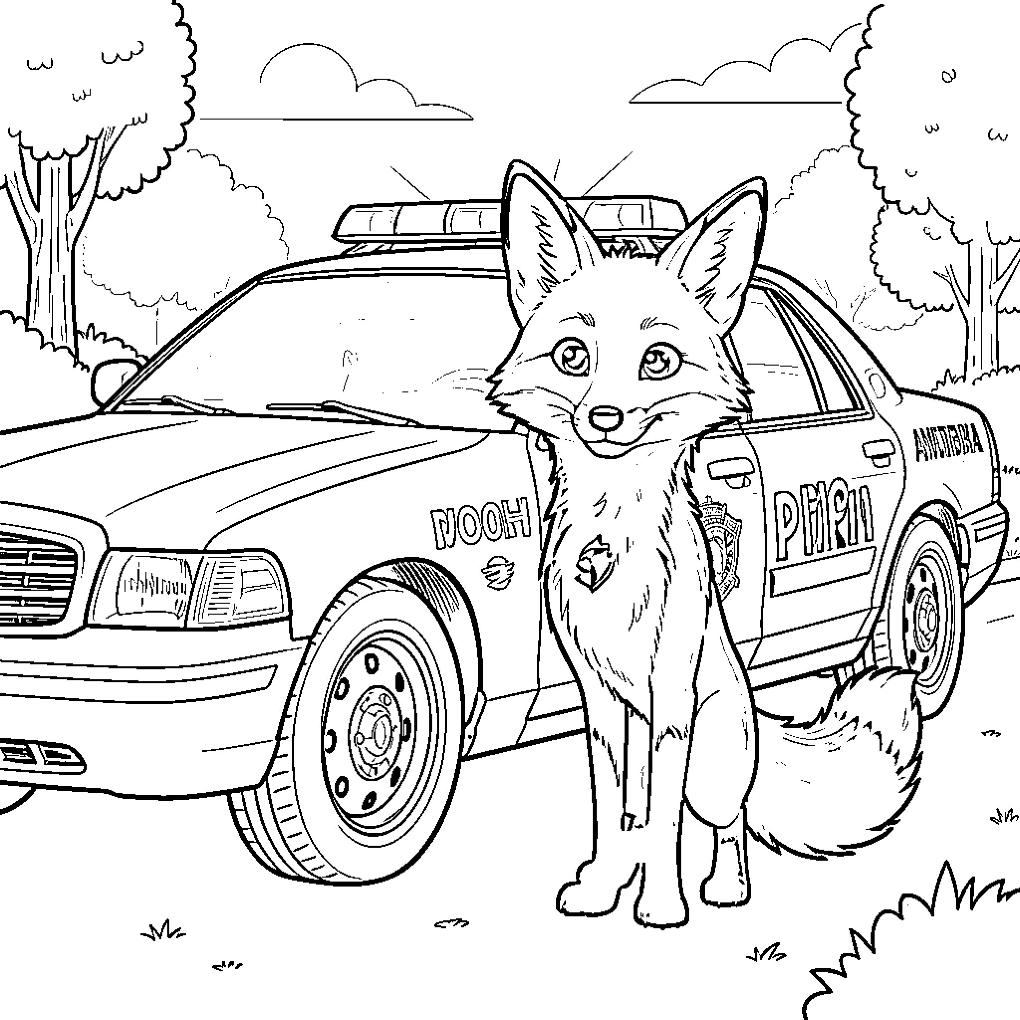 Fox police officer in a patrol car Coloring Page (free black-and-white line drawing printable PDF for all, from beginners to advanced learners, including children, teens, adults, and seniors)