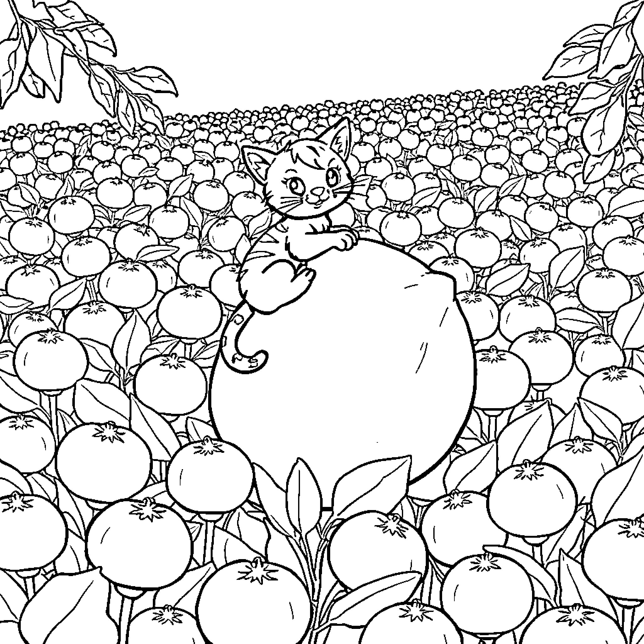 Pumpkin patch with a playful cat Coloring Page (free black-and-white line drawing printable PDF for all, from beginners to advanced learners, including children, teens, adults, and seniors)