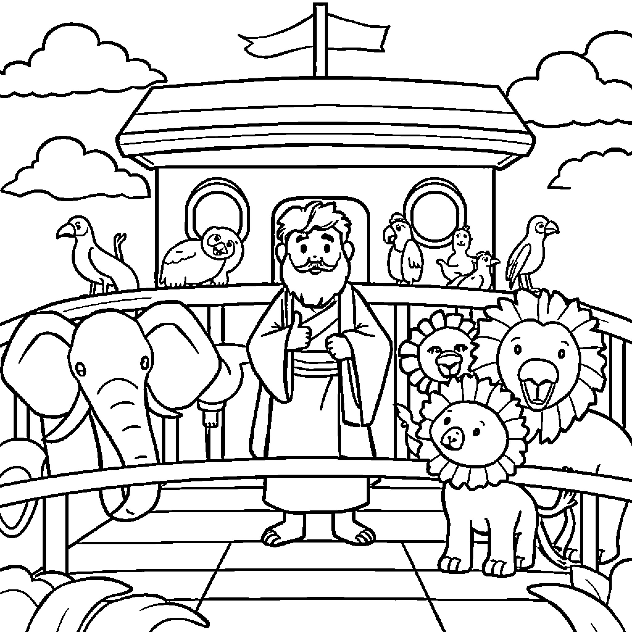 Noah's Ark with diverse animals and passengers Coloring Page (free black-and-white line drawing printable PDF for all, from beginners to advanced learners, including children, teens, adults, and seniors)