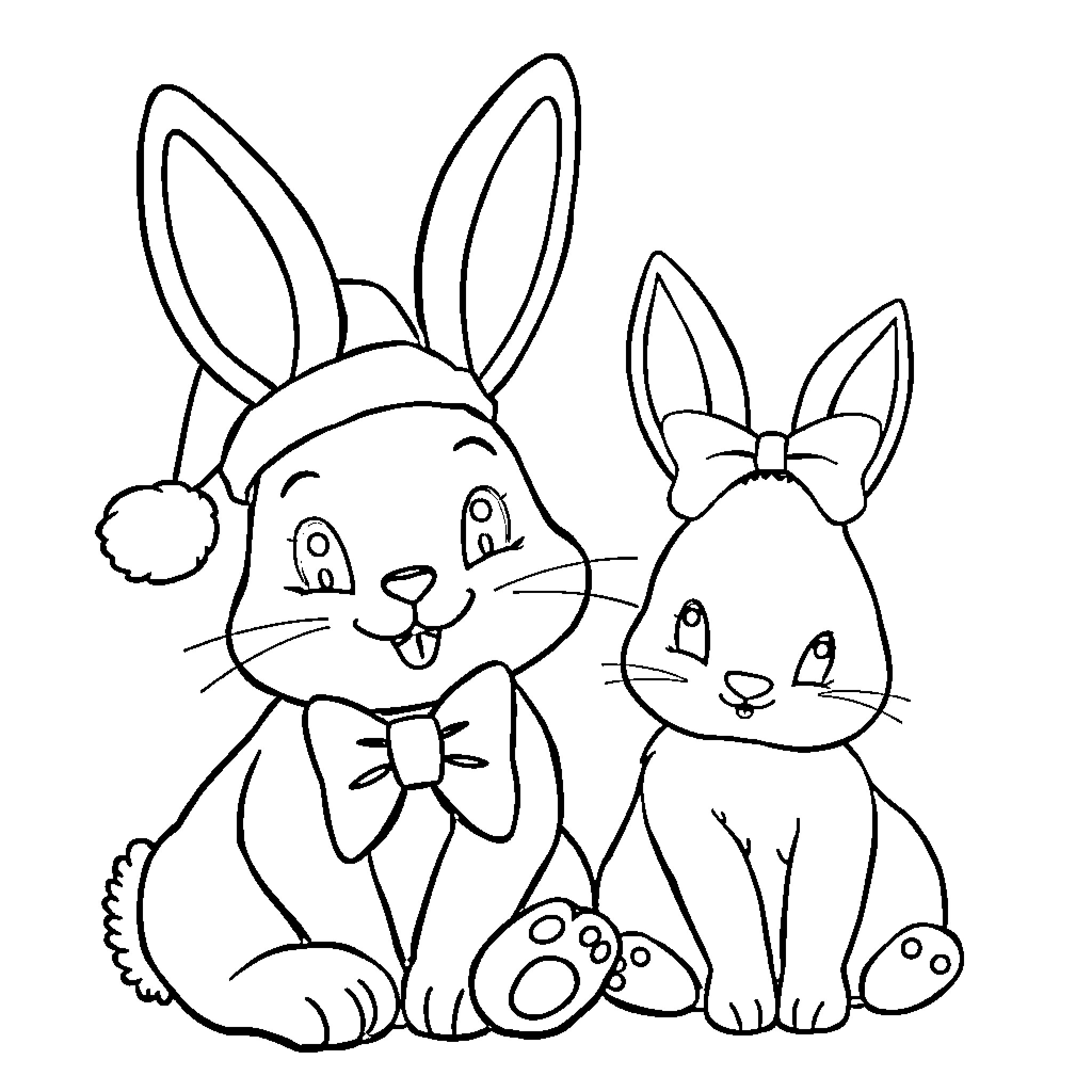Bunny friends wearing festive outfits Coloring Page (free black-and-white line drawing printable PDF for all, from beginners to advanced learners, including children, teens, adults, and seniors)