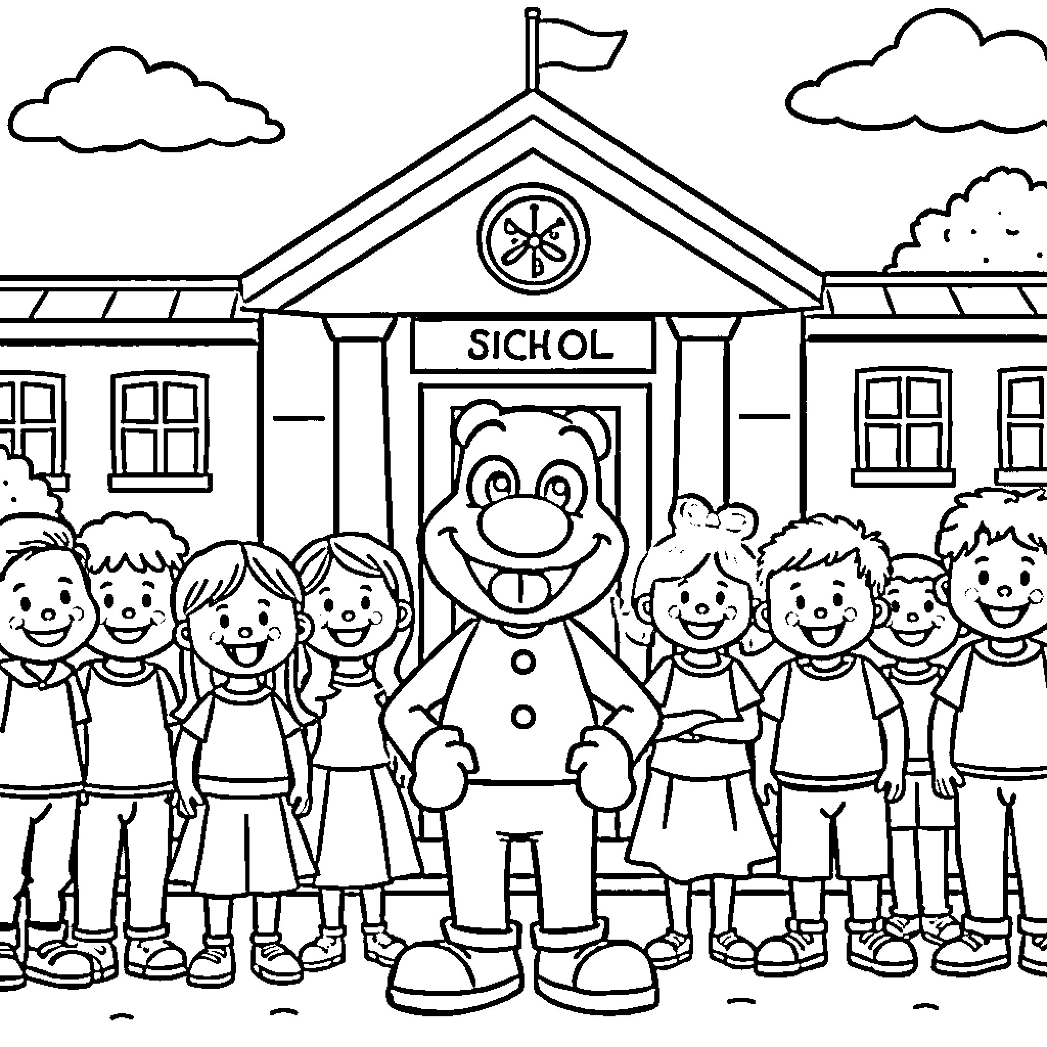 Diddy characters stand proudly in front of school Coloring Page (free black-and-white line drawing printable PDF for all, from beginners to advanced learners, including children, teens, adults, and seniors)